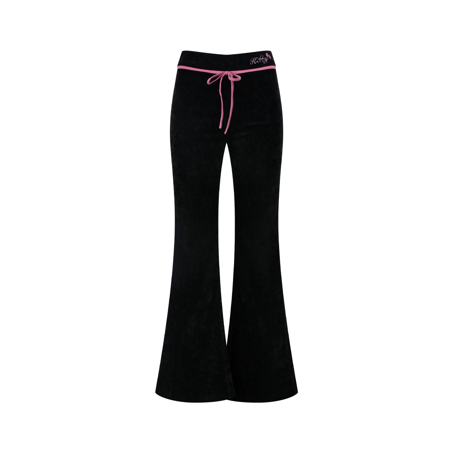 Black bell-bottom pants with pink drawstring on a white background