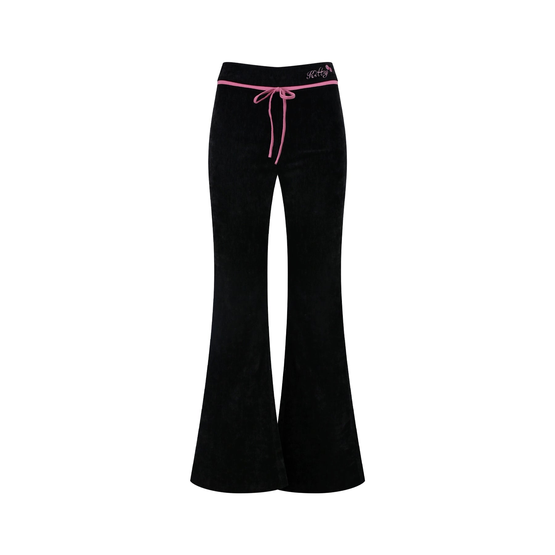 Black bell-bottom pants with pink drawstring on a white background