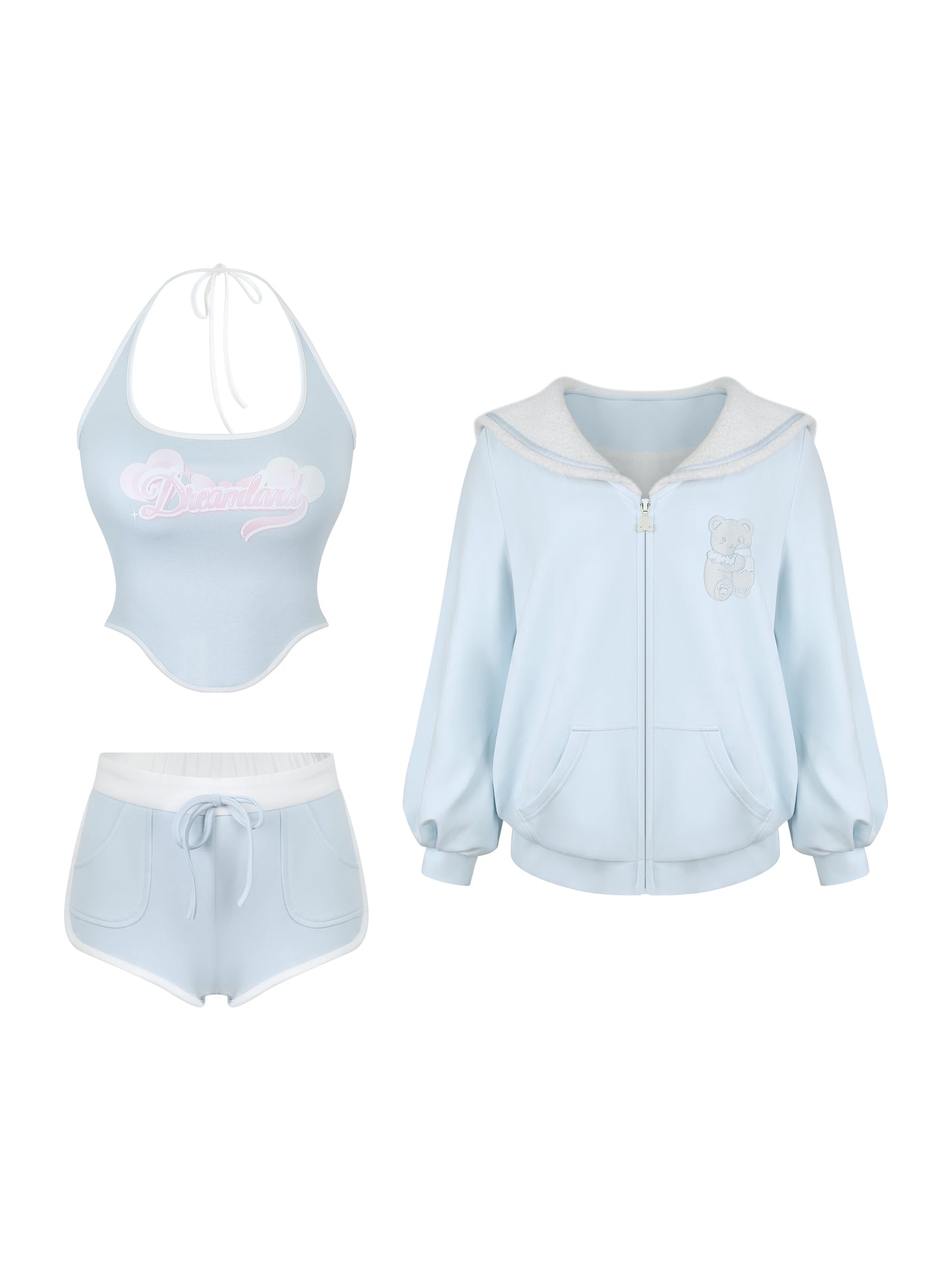 Three piece of light blue tracksuit, halter neck tank top, and track shorts on a white background.