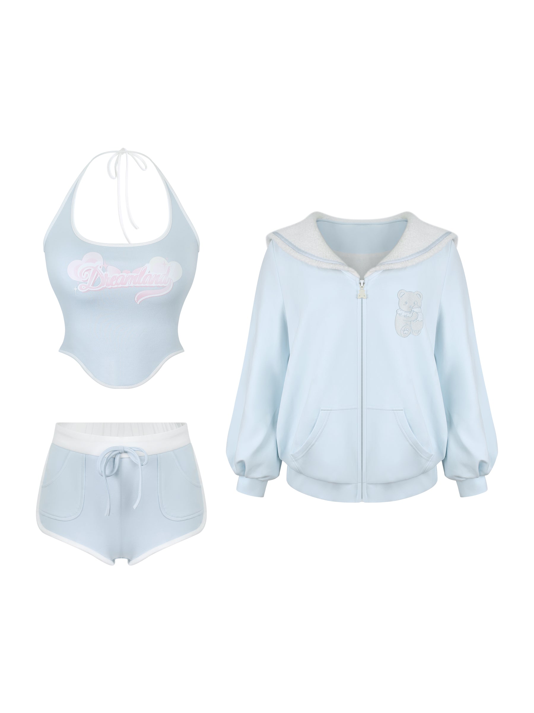 Three piece of light blue tracksuit, halter neck tank top, and track shorts on a white background.