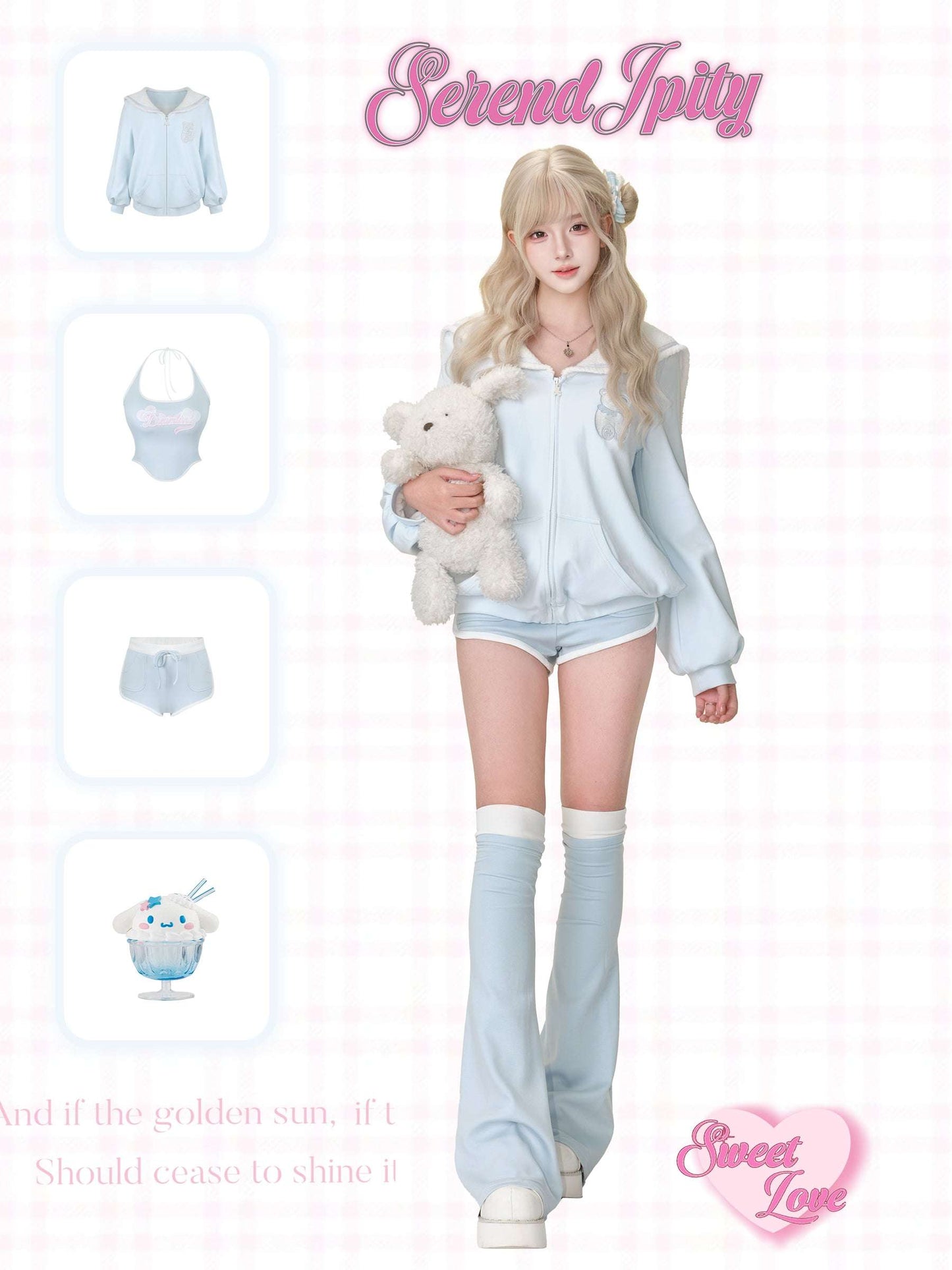 A person wearing a three piece set of cute light blue tracksuit.