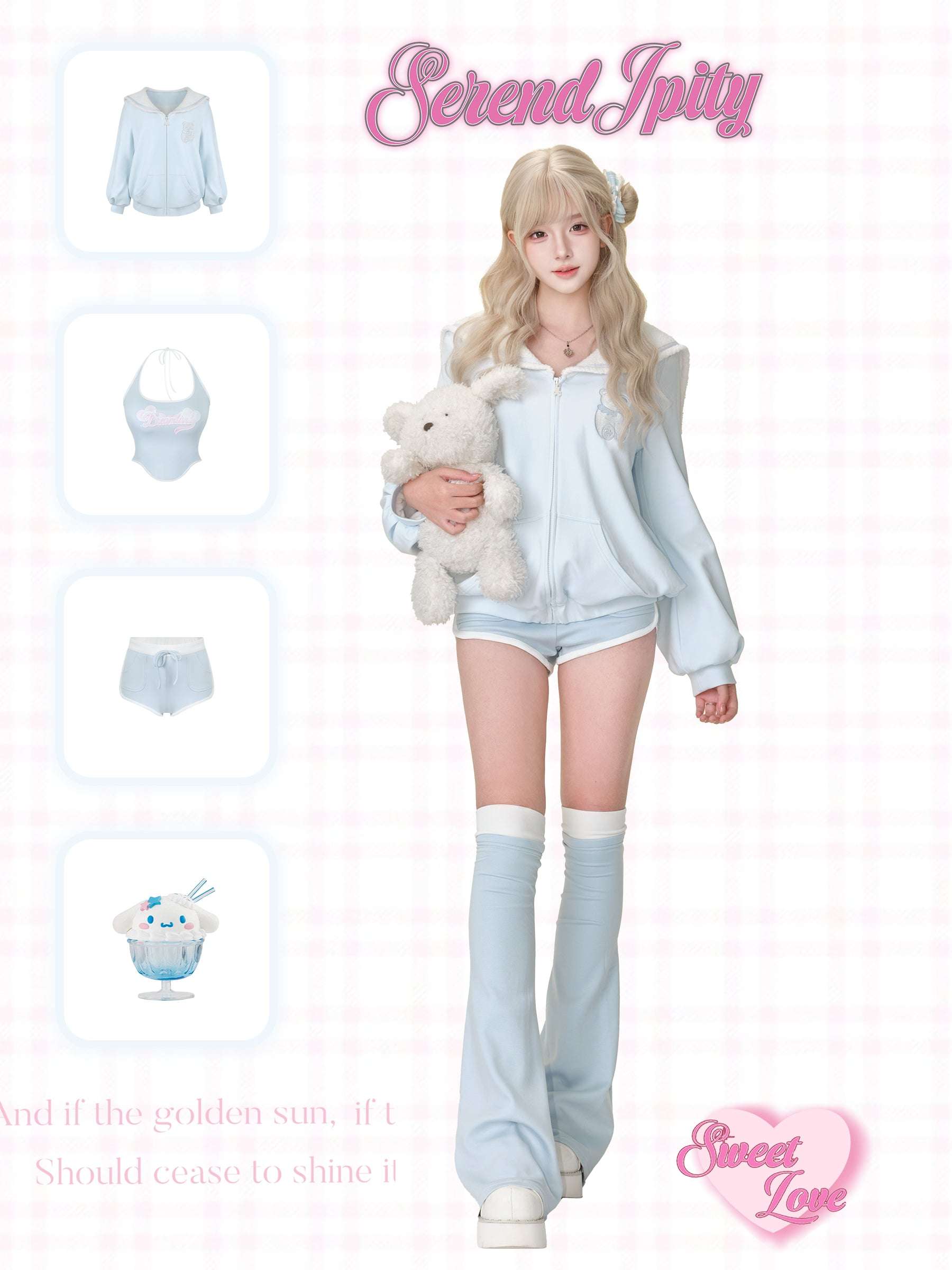 A person wearing a three piece set of cute light blue tracksuit.