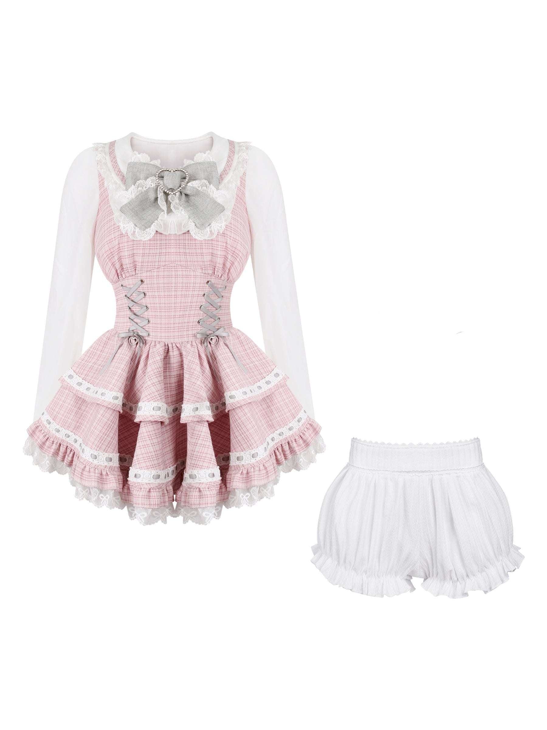 Pink checkered dress with white accents and a matching bow on a white background