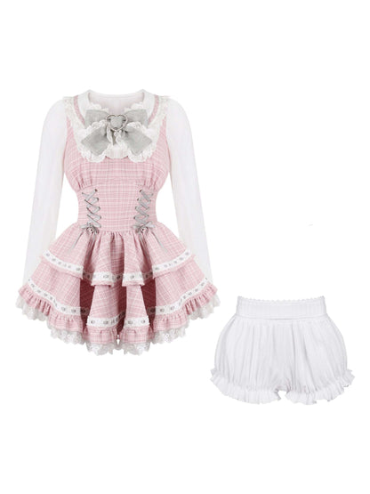 Pink checkered dress with white accents and a matching bow on a white background