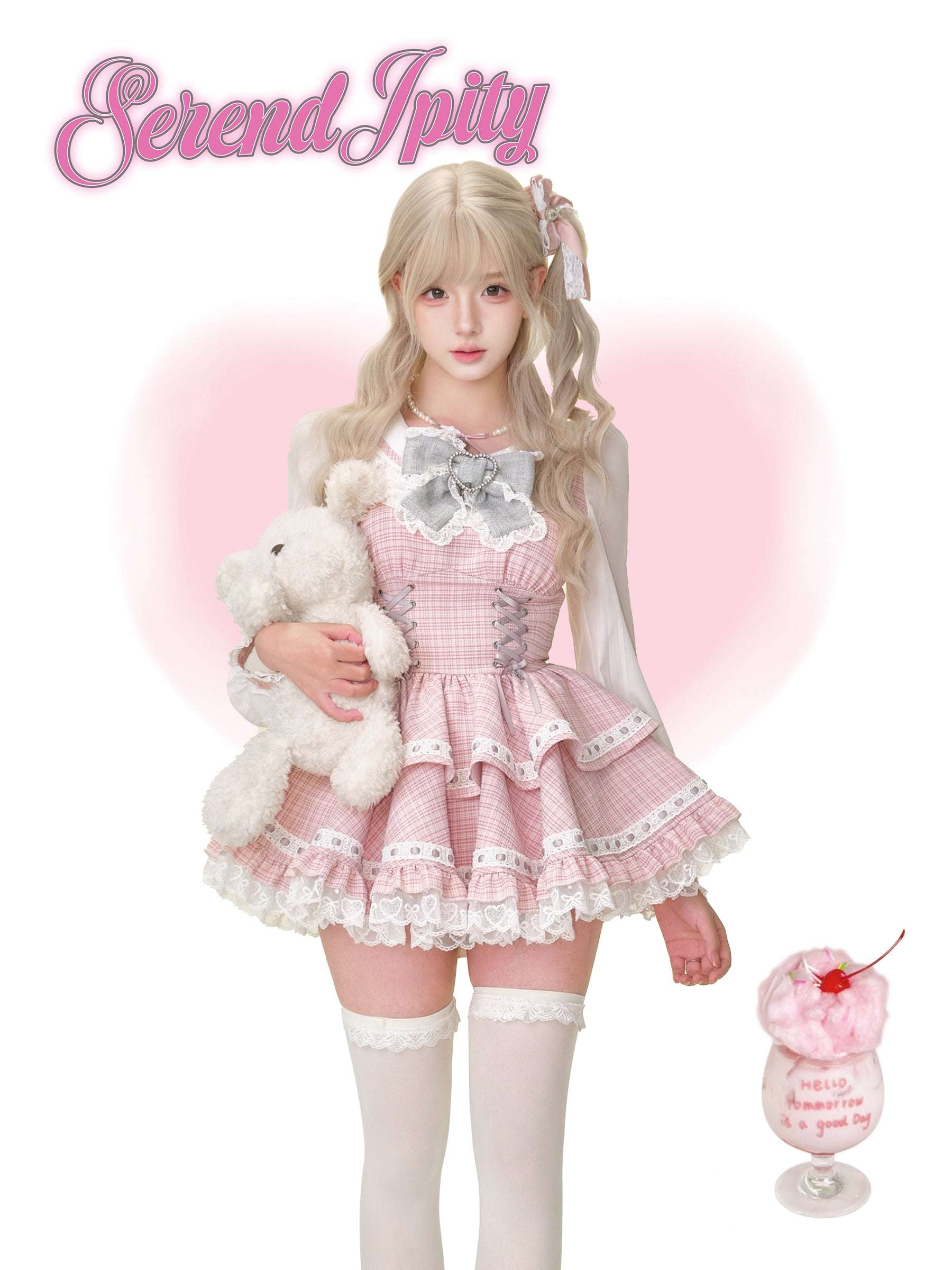 Person in a pink outfit with a teddy bear and cherry dessert on a white background