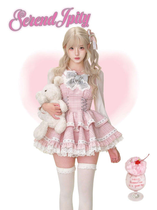 Person in a pink outfit with a teddy bear and cherry dessert on a white background