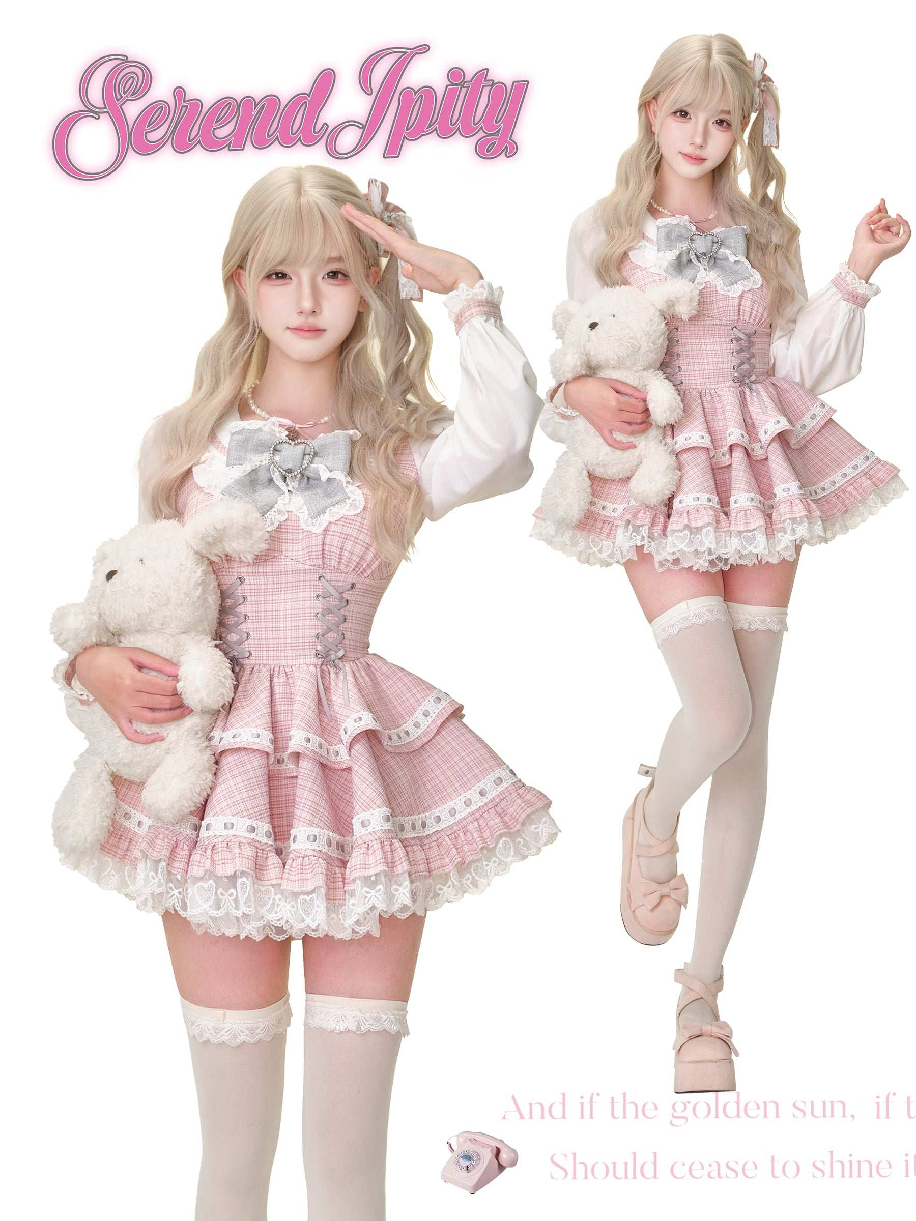 Two people in pink and white outfits with teddy bears