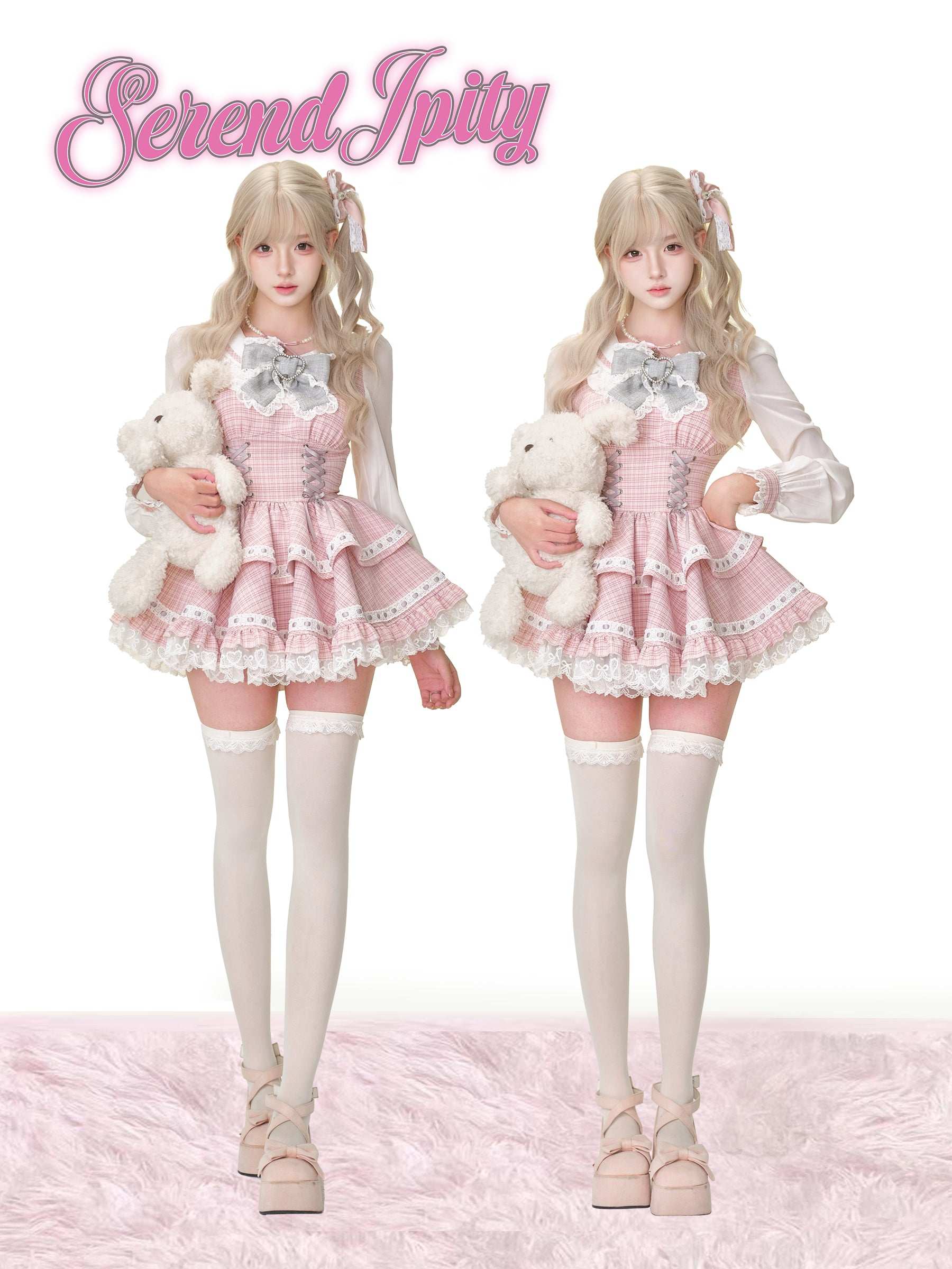 Two identical dolls in a pink outfit with white teddy bears on a white background