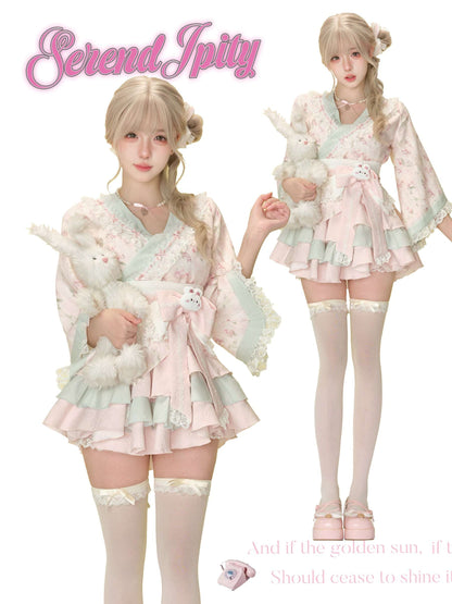 Serendipity Pink Dream Sakura Kimono Top & Skirt Two Piece Set