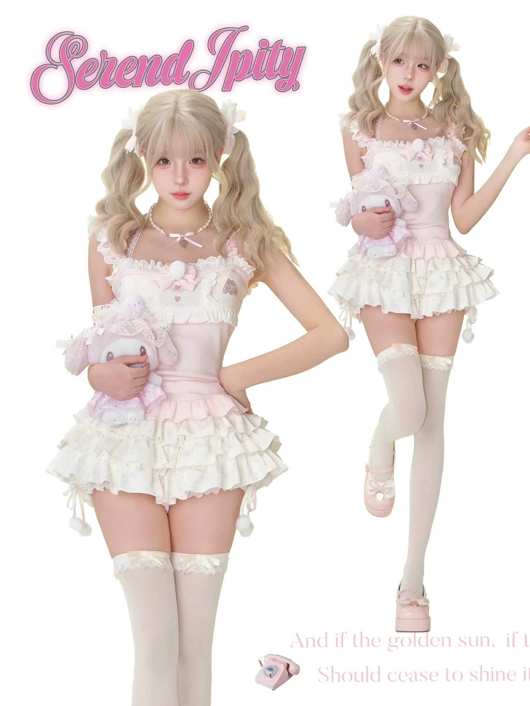 pink and white camisole top with rabbit embroidery and polka dots