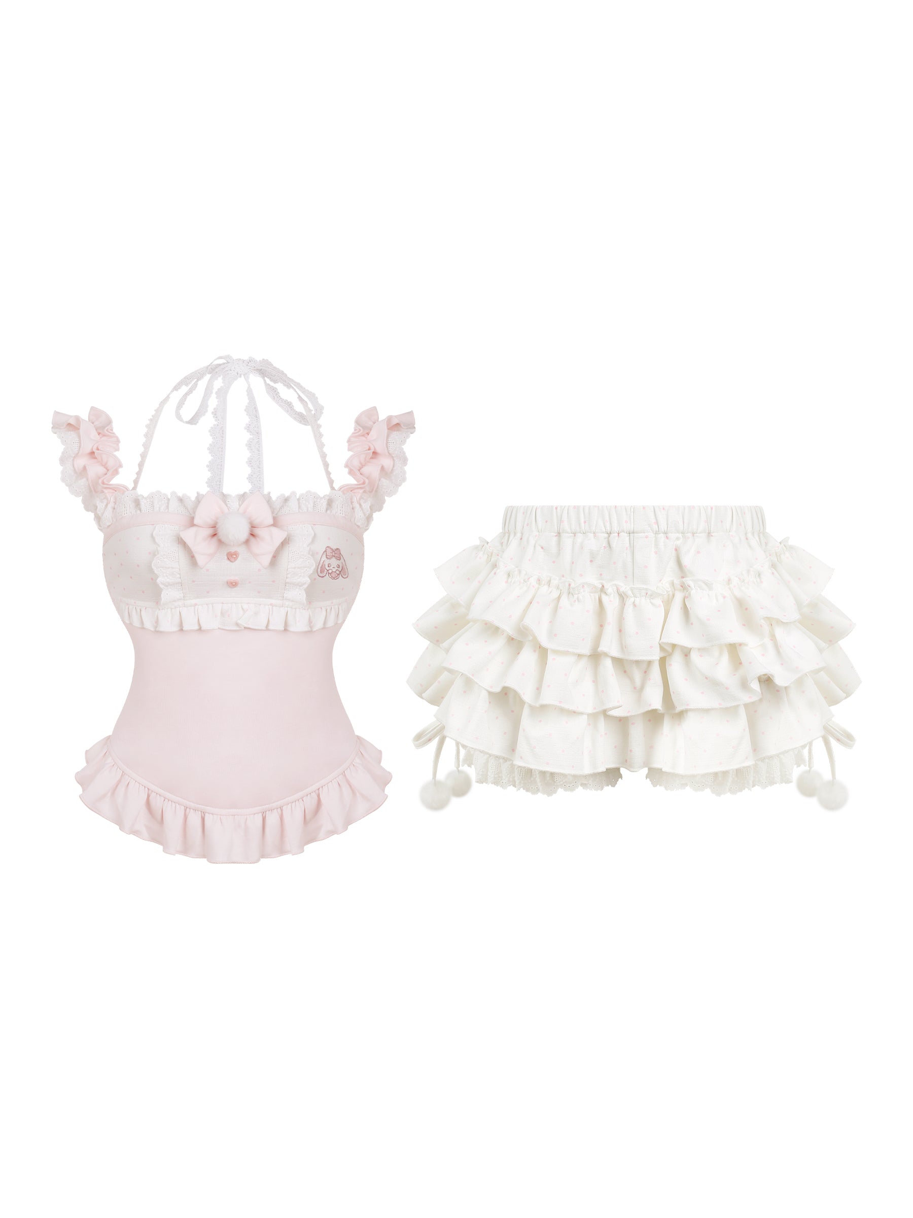 two-piece set with camisole top and fluffy white bloomers skirt