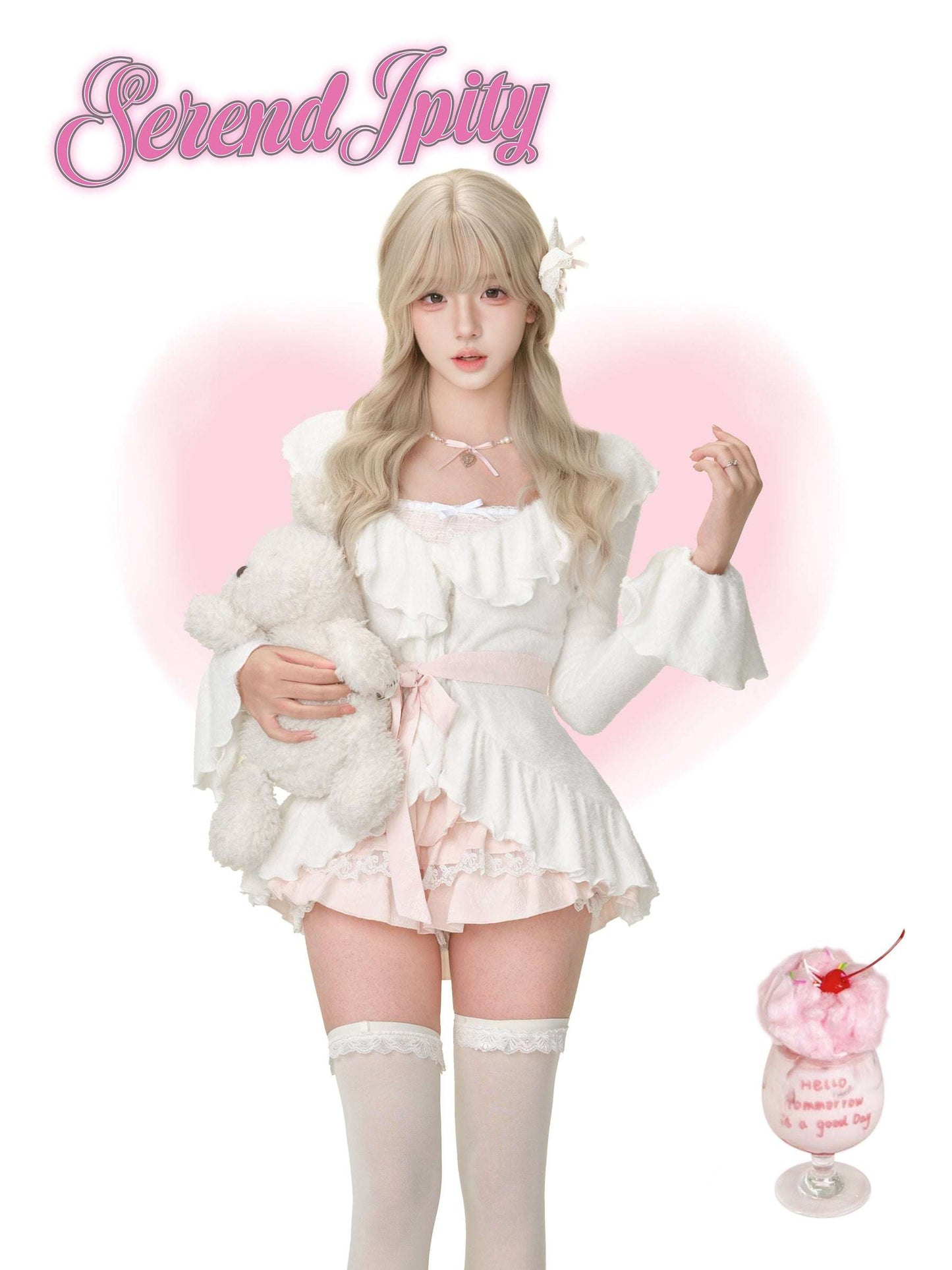 Person in a white outfit with fluffy sleeves and a pink cherry dessert on a white background