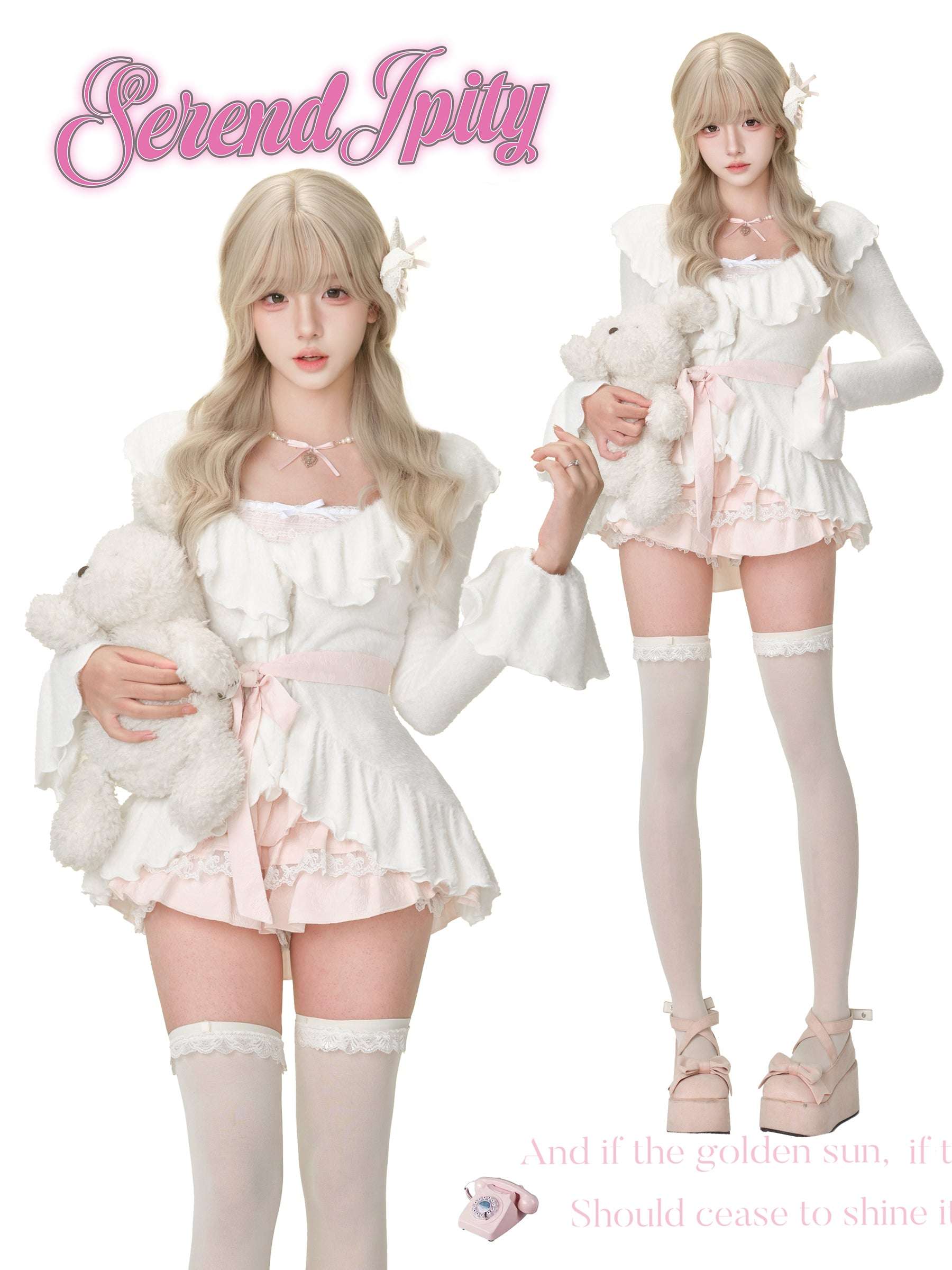 Two people in white outfits with teddy bears