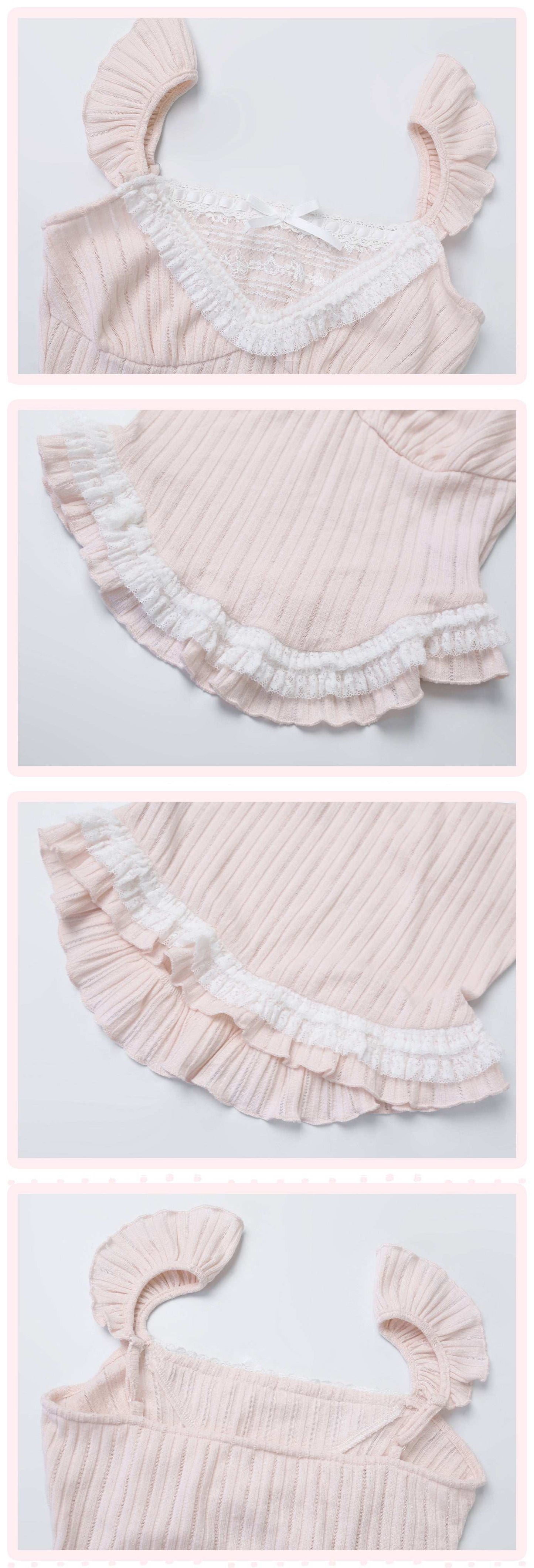 Collage of a pink ribbed top with ruffled details on a light gray background