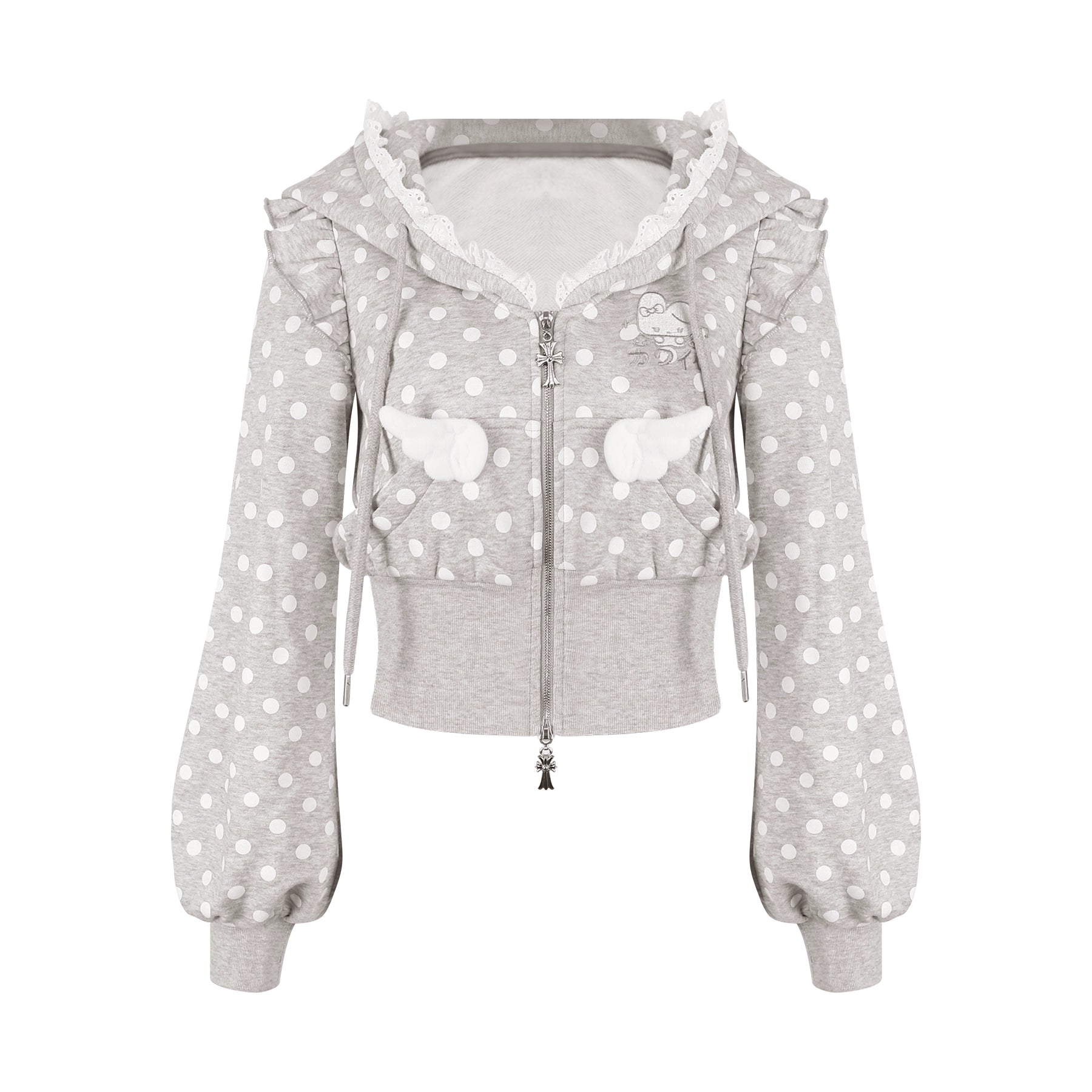 Gray hoodie with white polka dots and heart designs on a white background