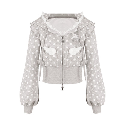 Gray hoodie with white polka dots and heart designs on a white background