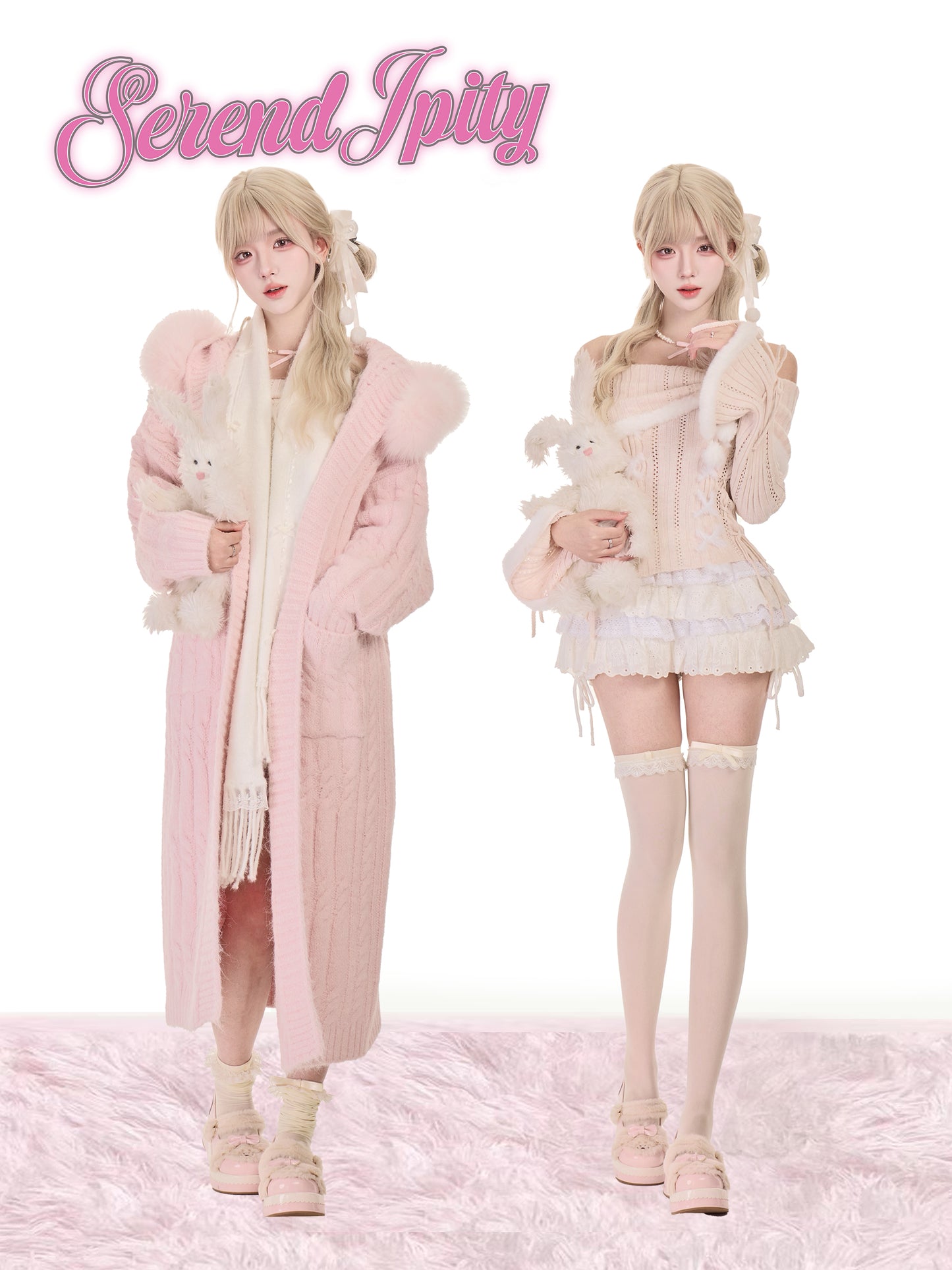 Two models wearing pastel-colored outfits with fluffy accessories on a white background, featuring the brand 'Serendipity'.
