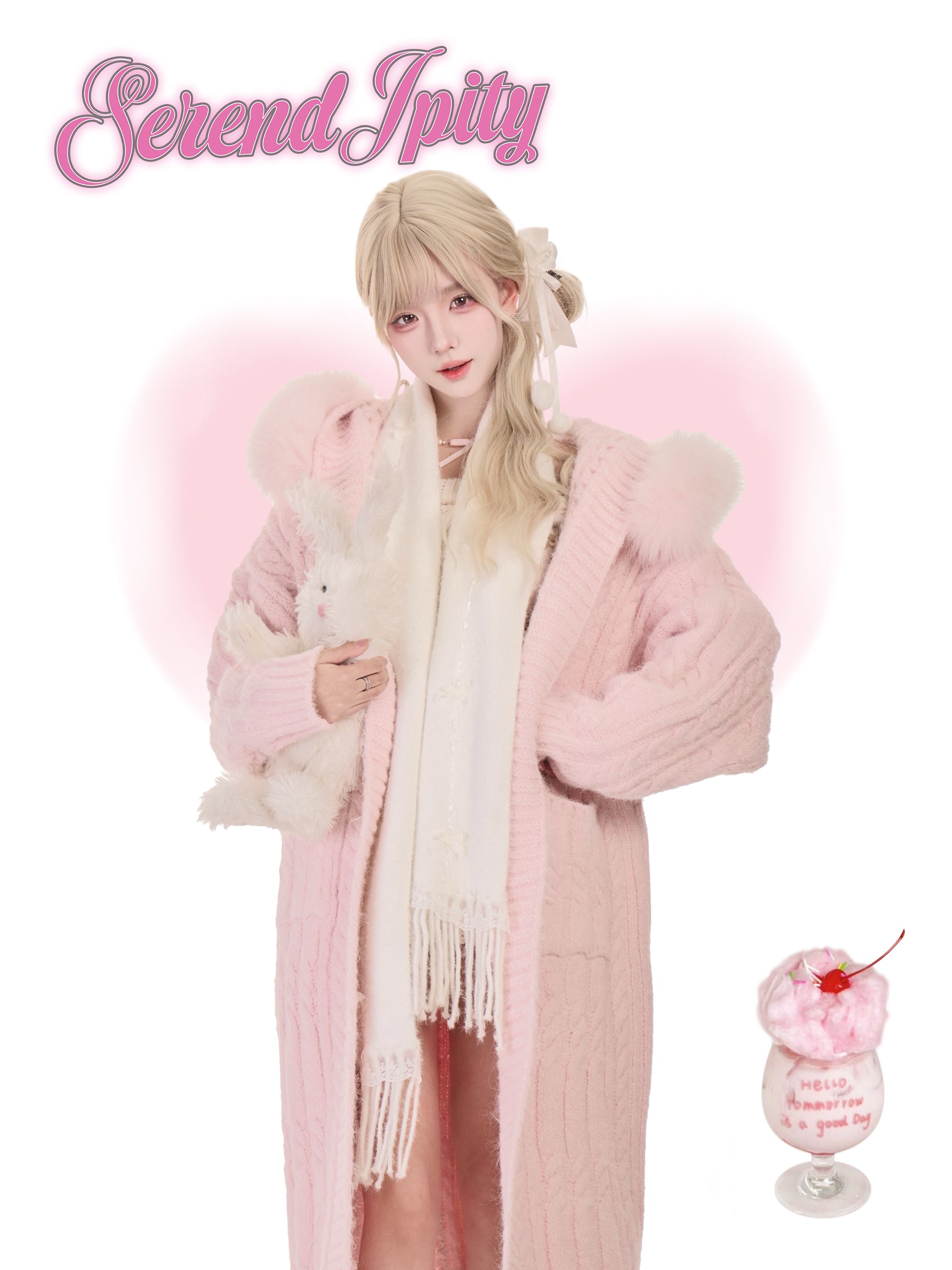 Person wearing a pink outfit with a fluffy white creature, holding a pink drink with a cherry on top, and 'Serendipity' text.