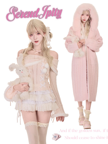 Two people wearing pastel pink and white outfits with 'Serendipity' branding.