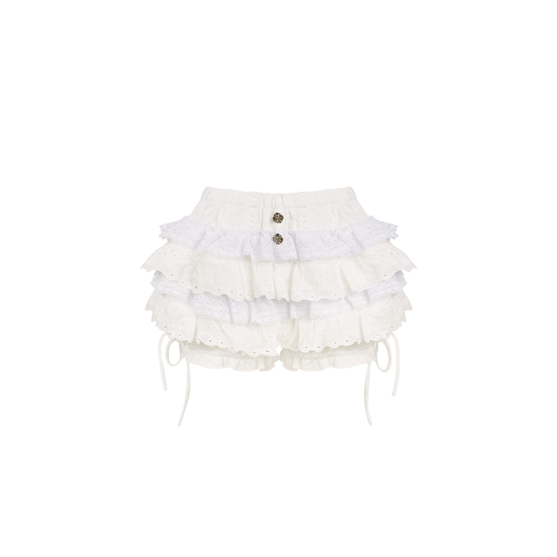 White ruffled bloomers with buttons on a white background