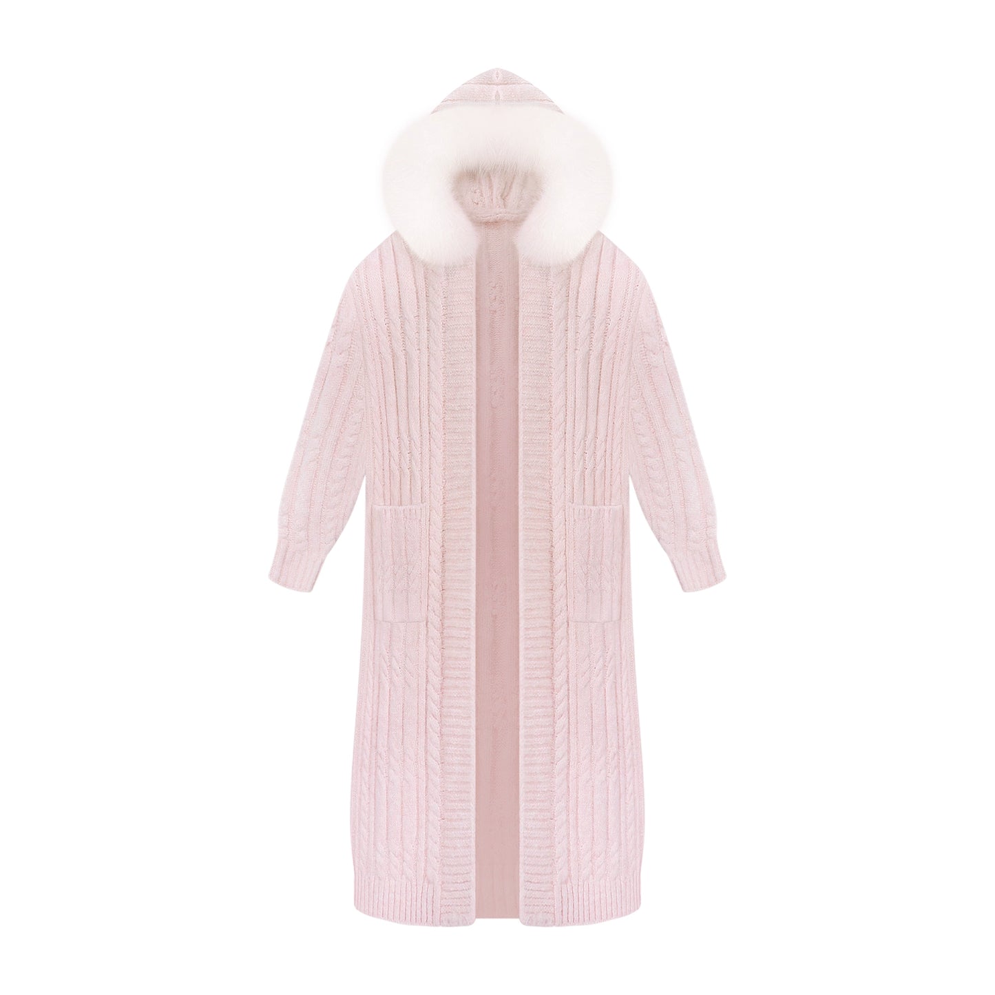 Pink ribbed knit coat with white fur hood on a white background