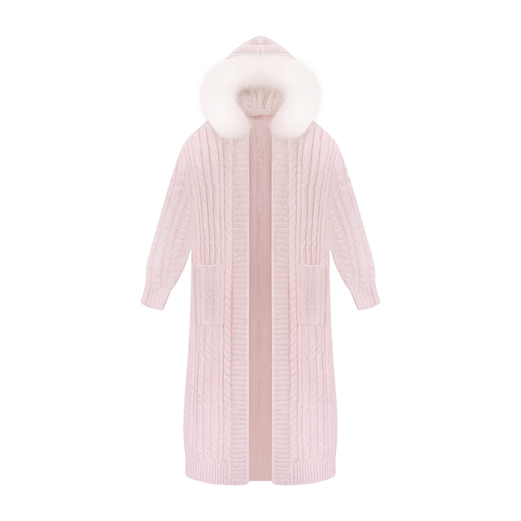 Pink ribbed knit coat with white fur hood on a white background