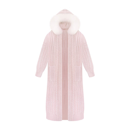 Pink ribbed knit coat with white fur hood on a white background