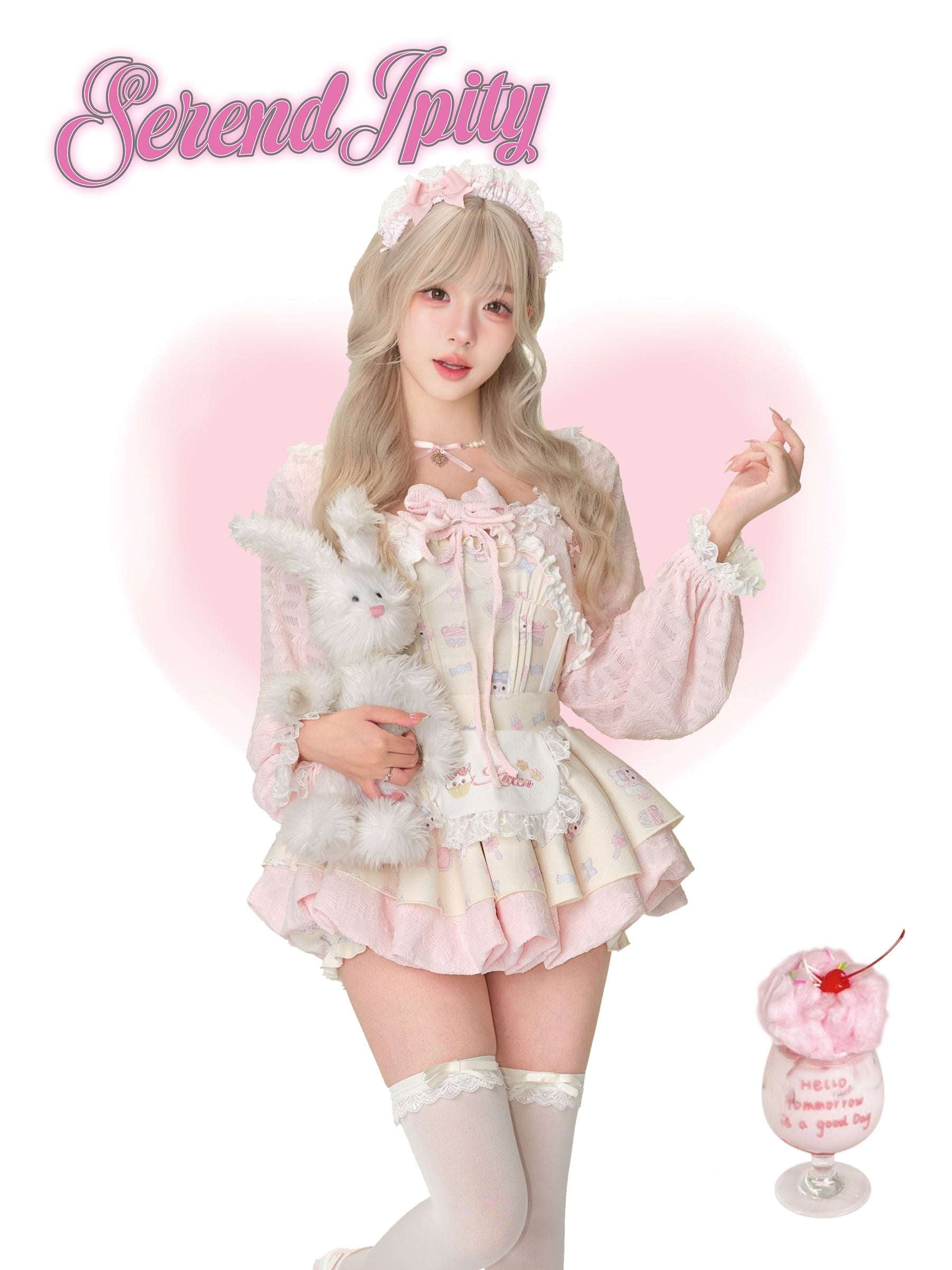 Person in a cute outfit holding a plush toy on a pink background.