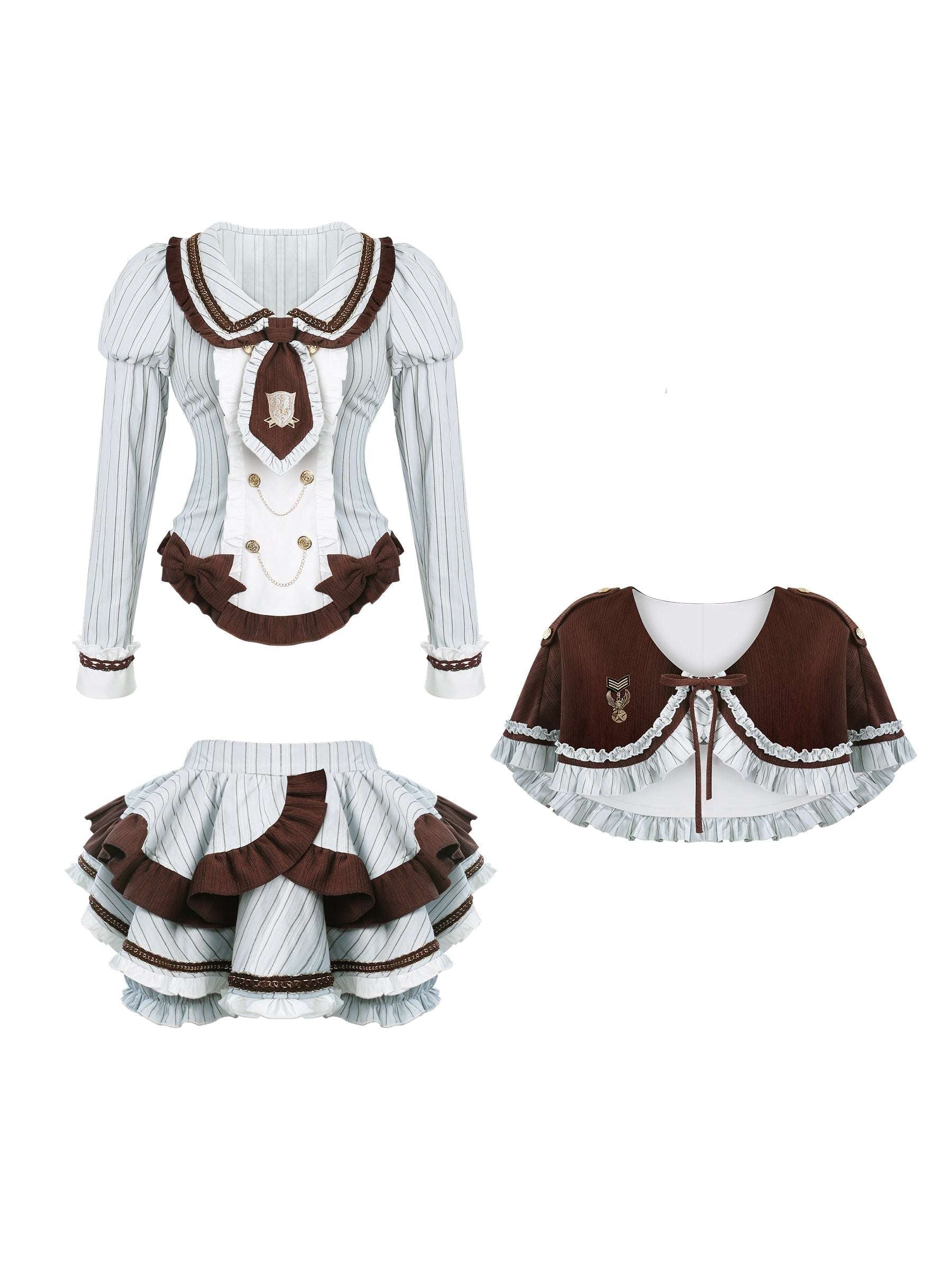 Set of lolita outfit with top, skirt, and cape on a white background