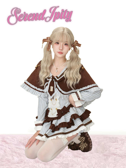 Person wearing a detailed dress with ruffles and bows, sitting on a pink surface