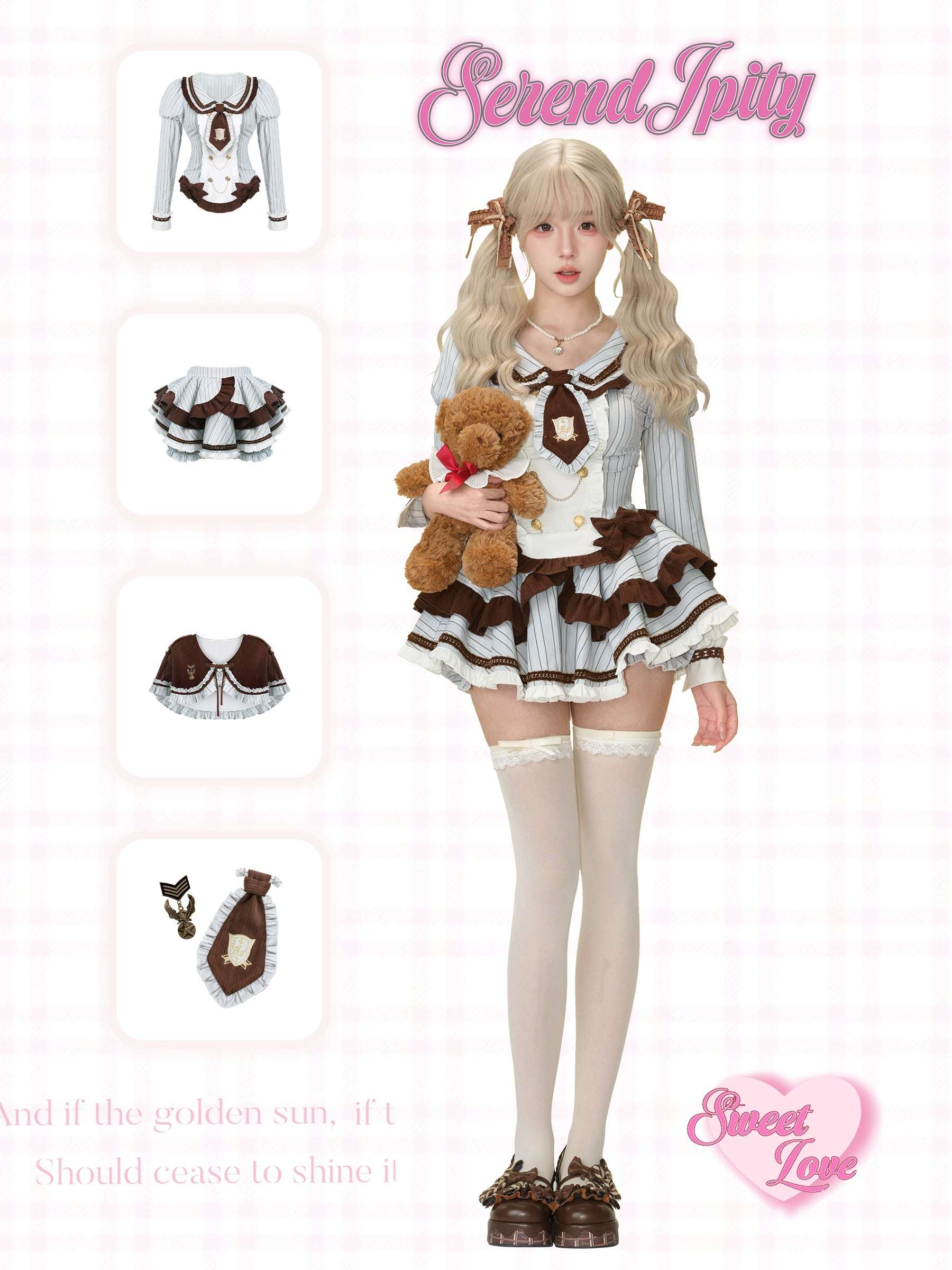 Person wearing a blue and brown outfit with accessories and a teddy bear