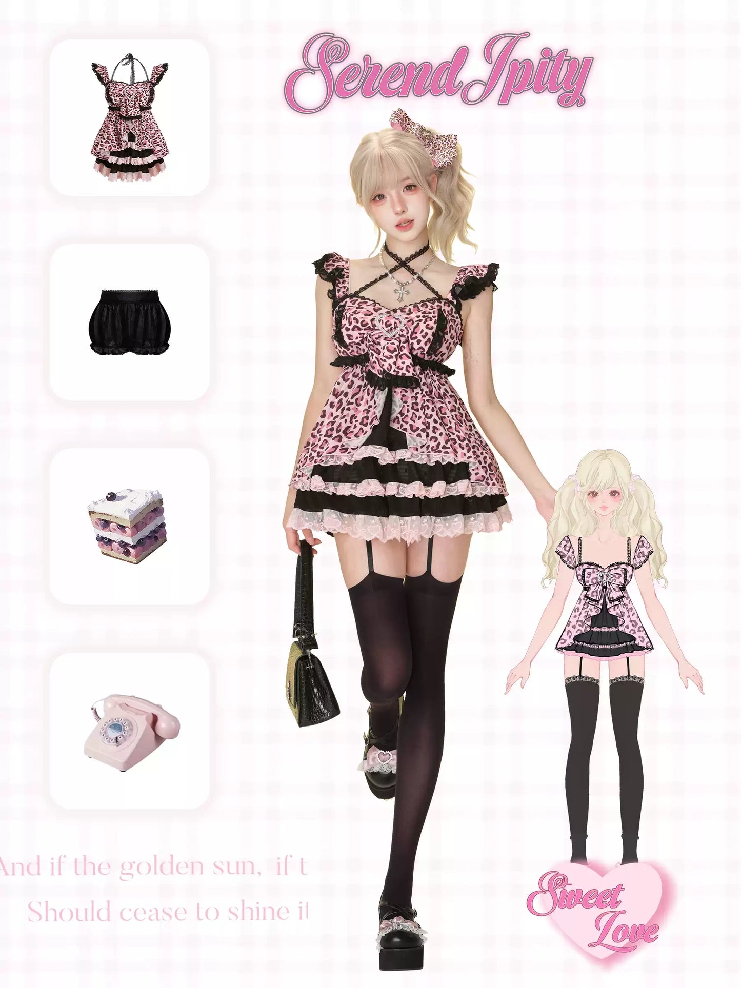 Y2K style pink leopard dress with black lace detail and bloomers