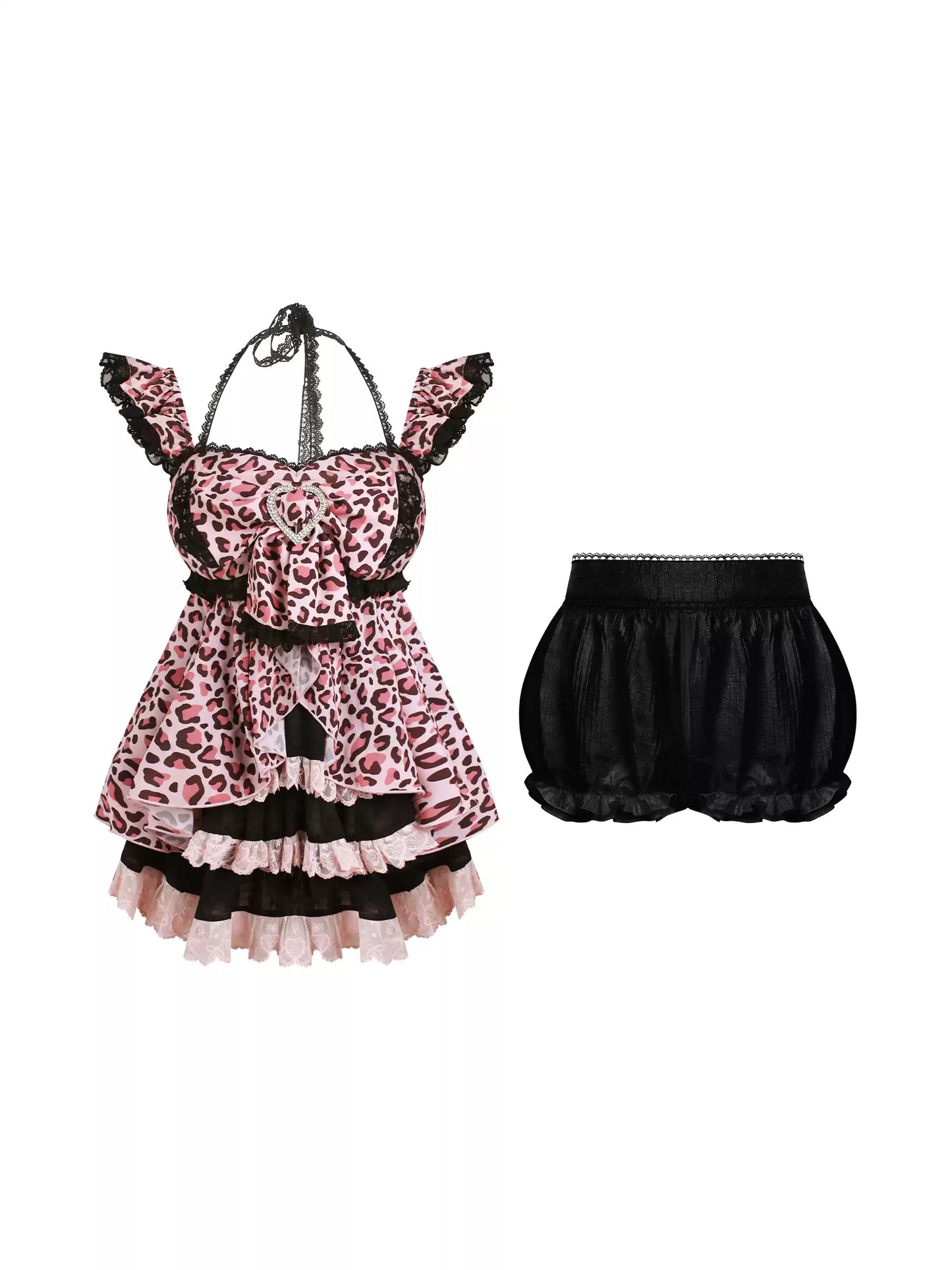 Pink leopard print dress with black accents and a black skirt on a white background
