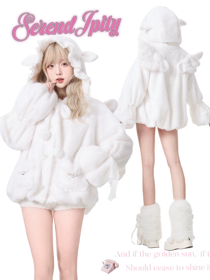 Person wearing a fluffy white outfit with cat ears and tail, standing next to a similar outfit on a white background.