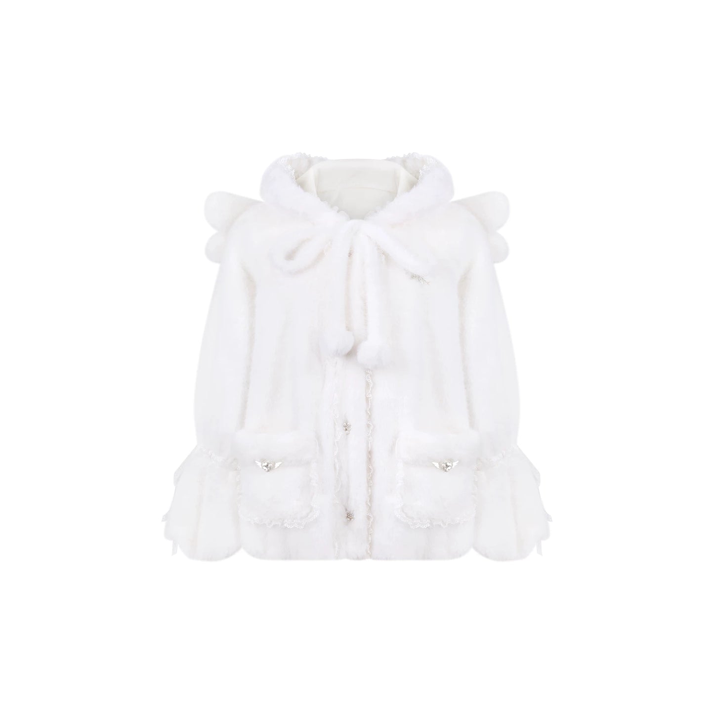 White fur jacket with bow detail on a white background