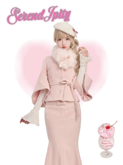 Serendipity Snow Romance Pink Sweater Coat Skirt Three Piece Set