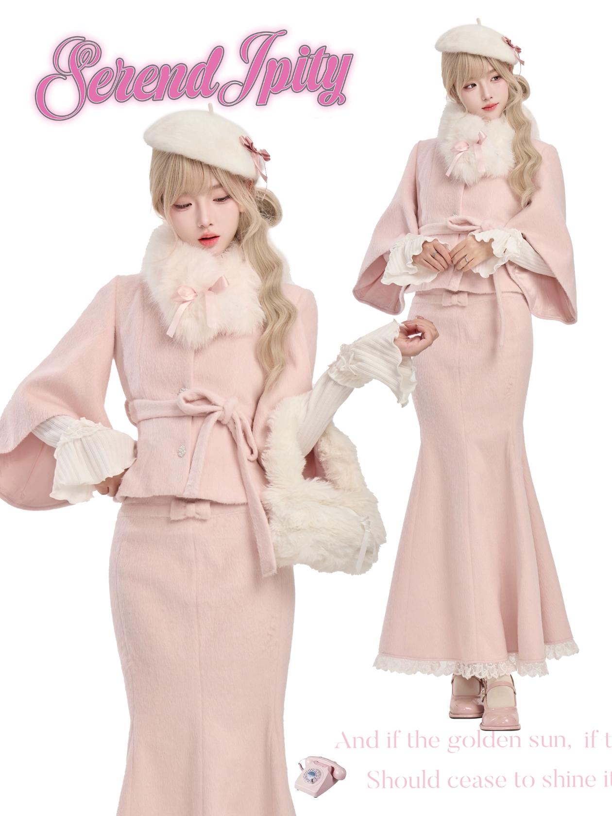 Serendipity Snow Romance Pink Sweater Coat Skirt Three Piece Set