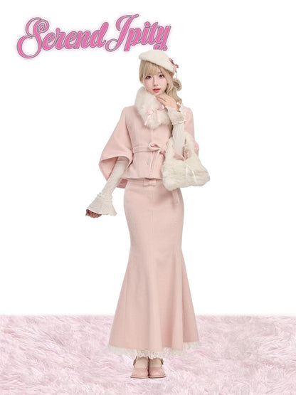 Serendipity Snow Romance Pink Sweater Coat Skirt Three Piece Set