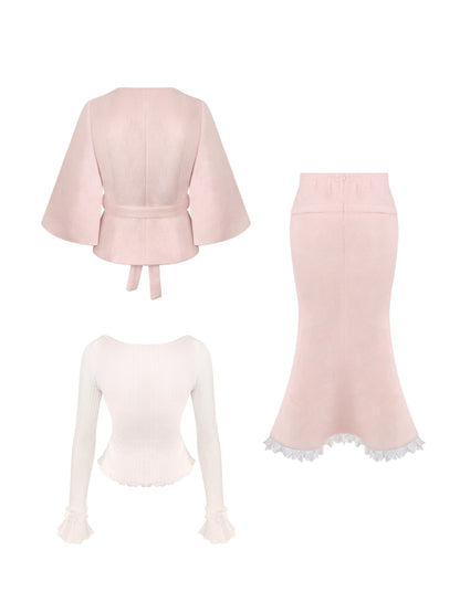 Serendipity Snow Romance Pink Sweater Coat Skirt Three Piece Set