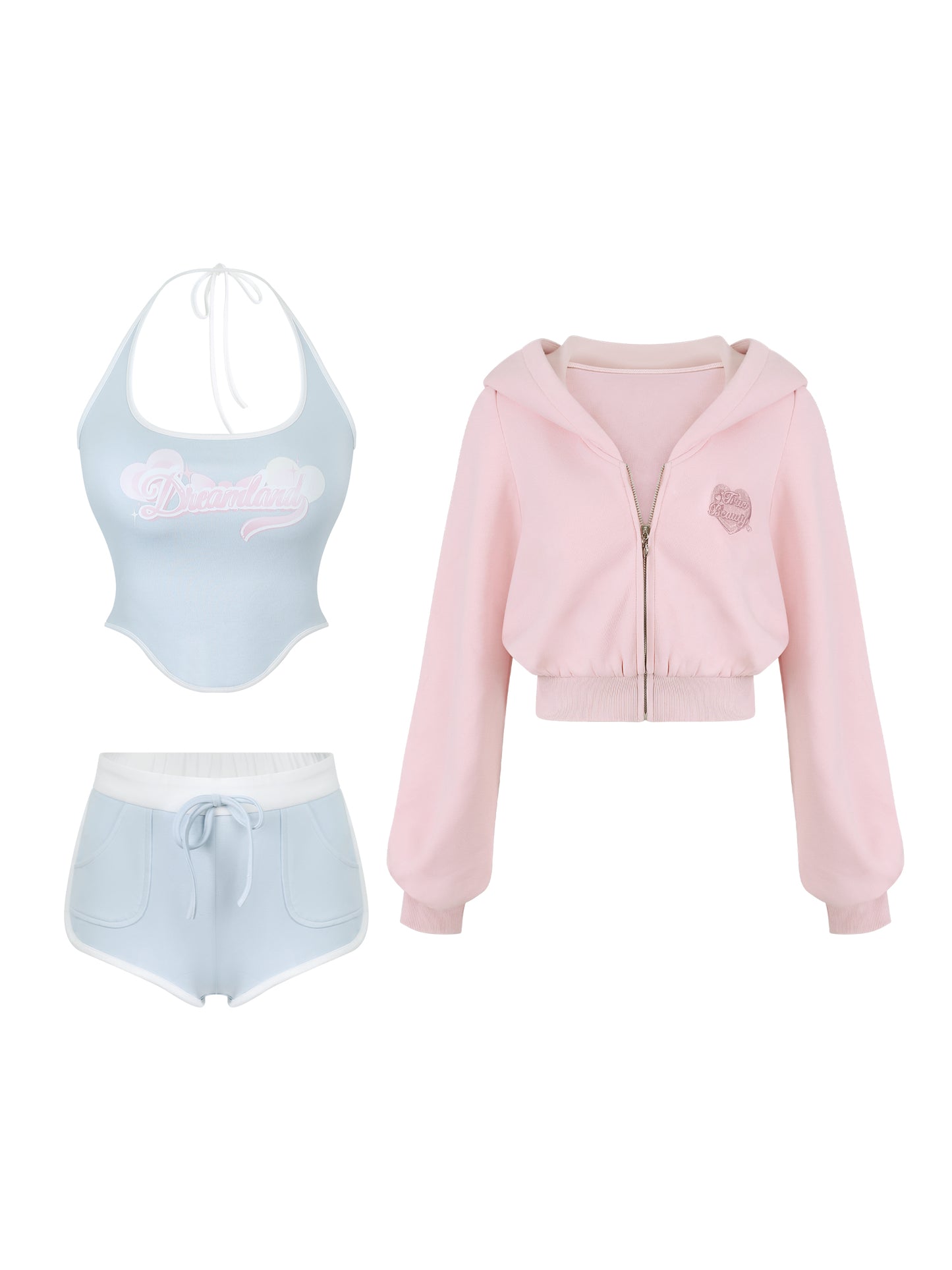 Pastel-colored outfit with a pink hoodie, light blue top, and shorts on a white background
