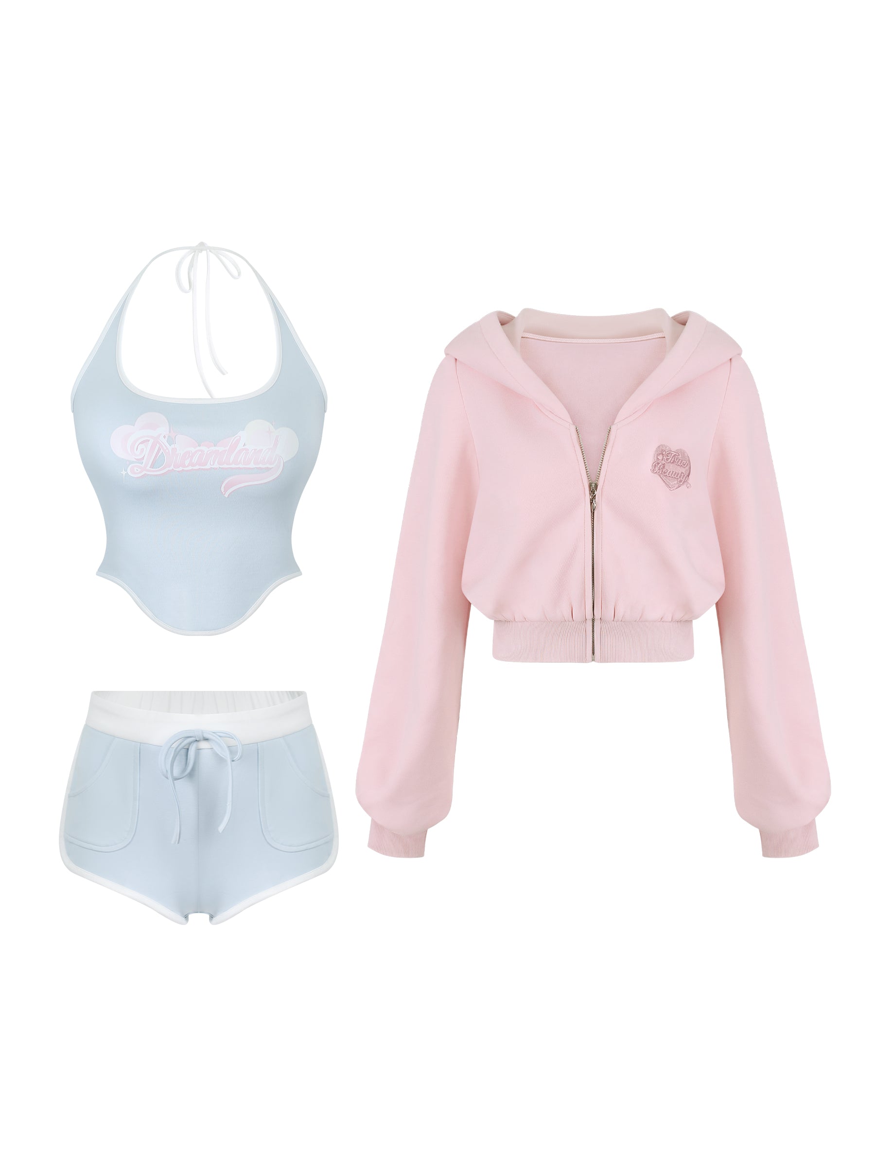 Pastel-colored outfit with a pink hoodie, light blue top, and shorts on a white background