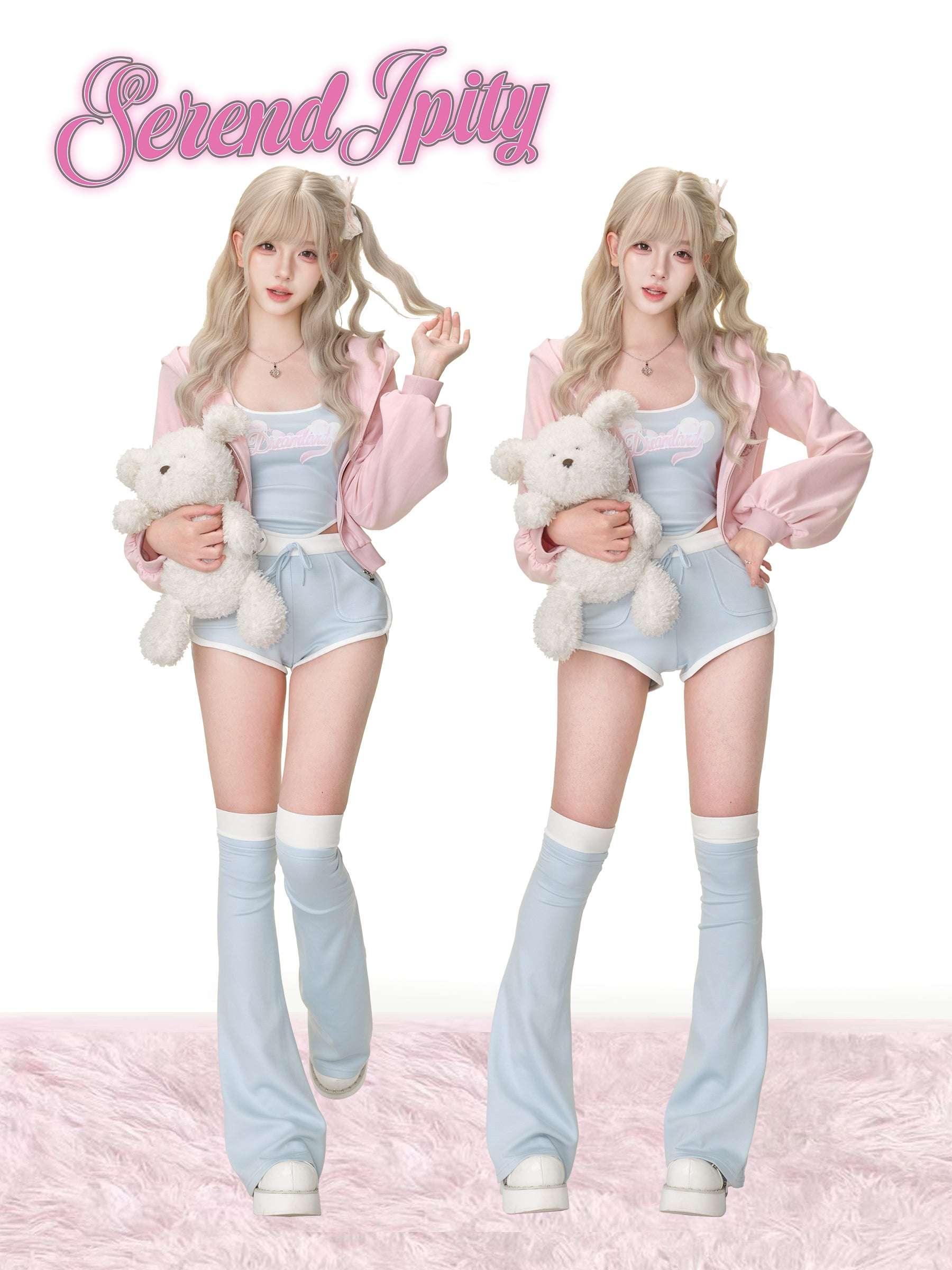 Two identical figures in pastel outfits with stuffed animals on a pink background