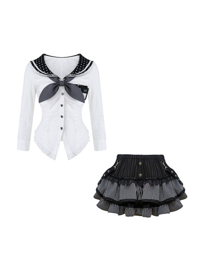 Sailor uniform set with white shirt, black skirt, and accessories on a white background