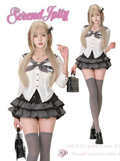 Person wearing a black and white outfit with a bow tie, skirt, and gray stockings, holding a small black handbag.