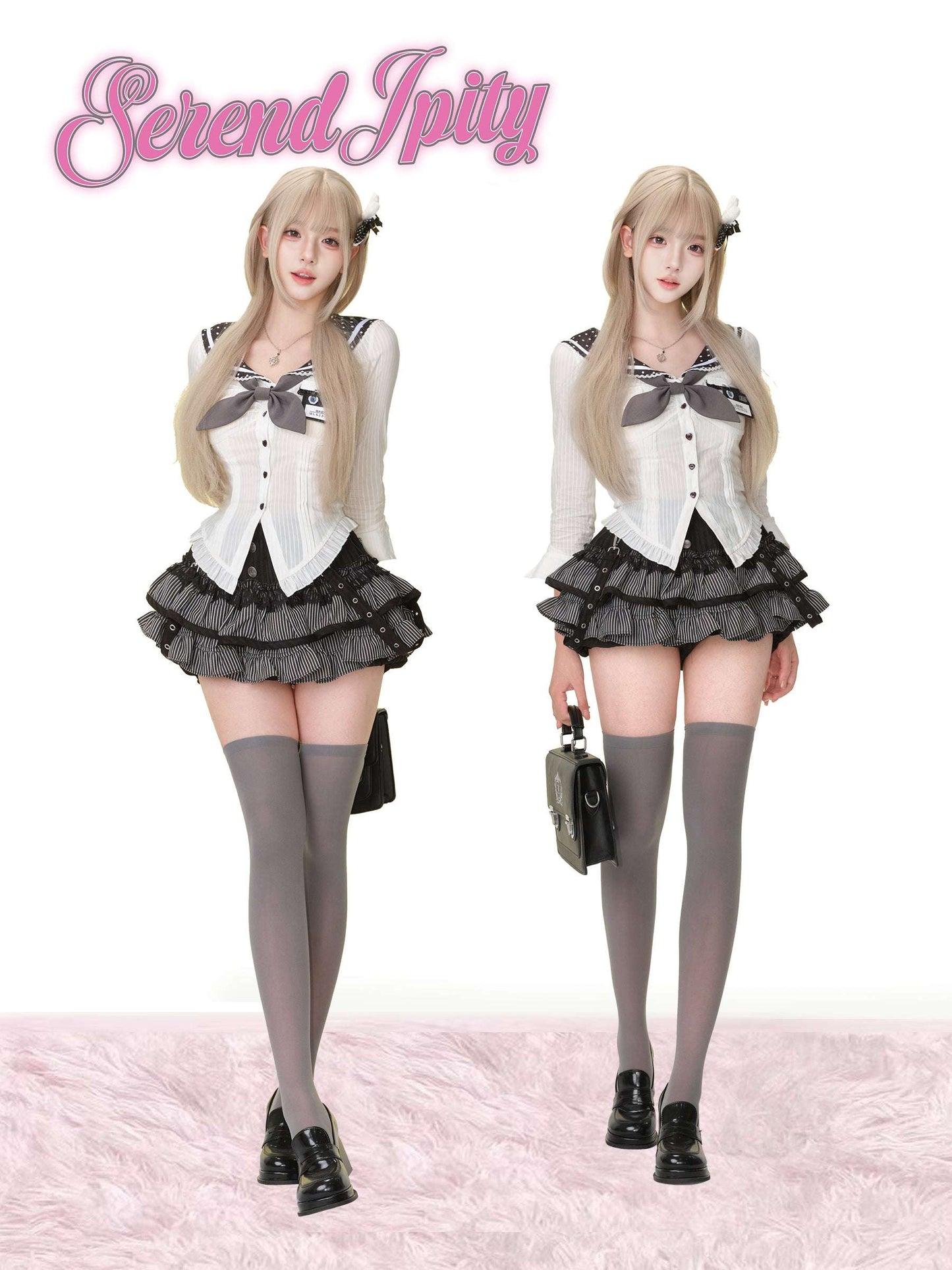 Two identical outfits worn by a person on a white background