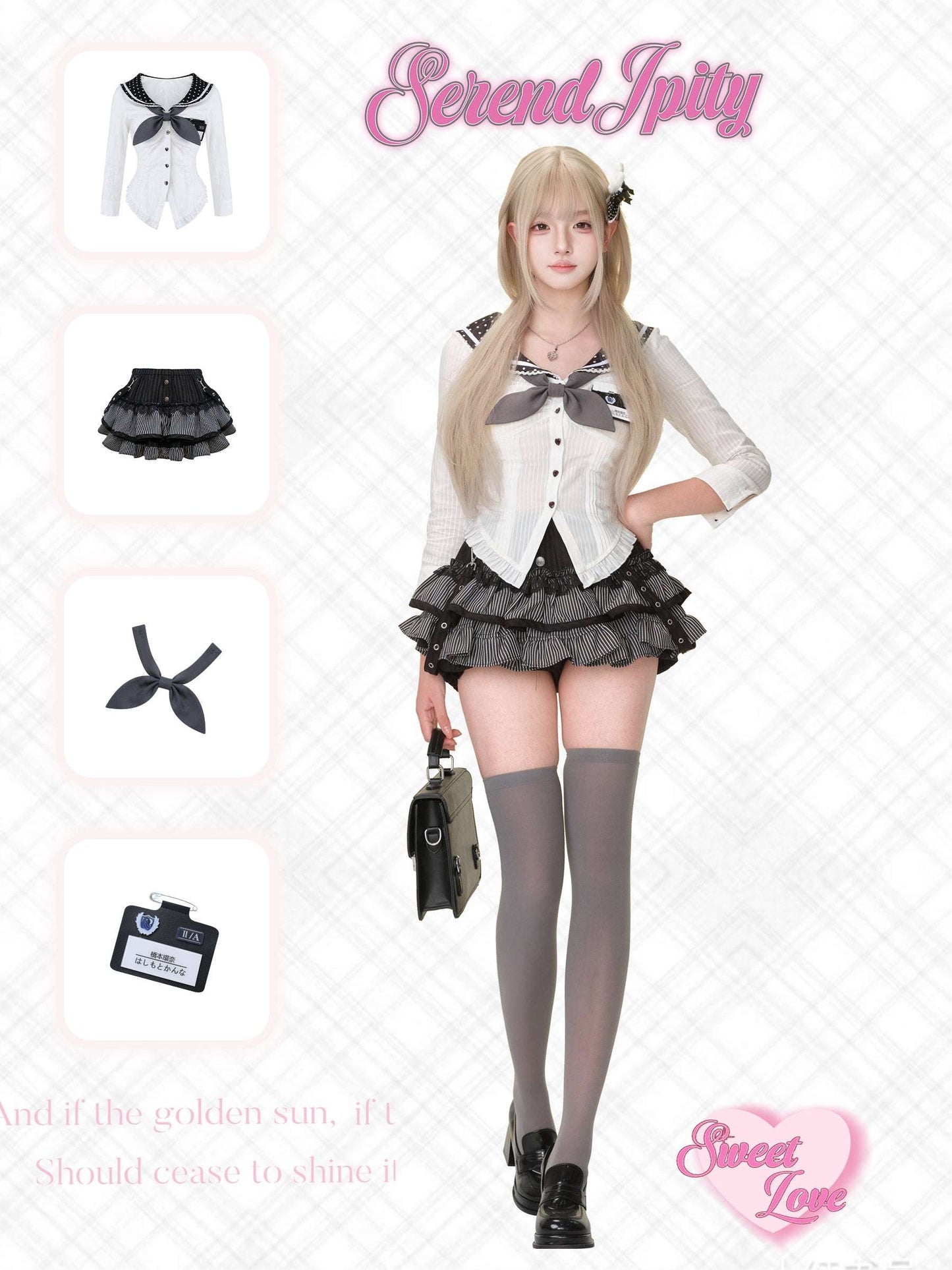 Cosplay outfit with black and white dress, skirt, and accessories on a white background