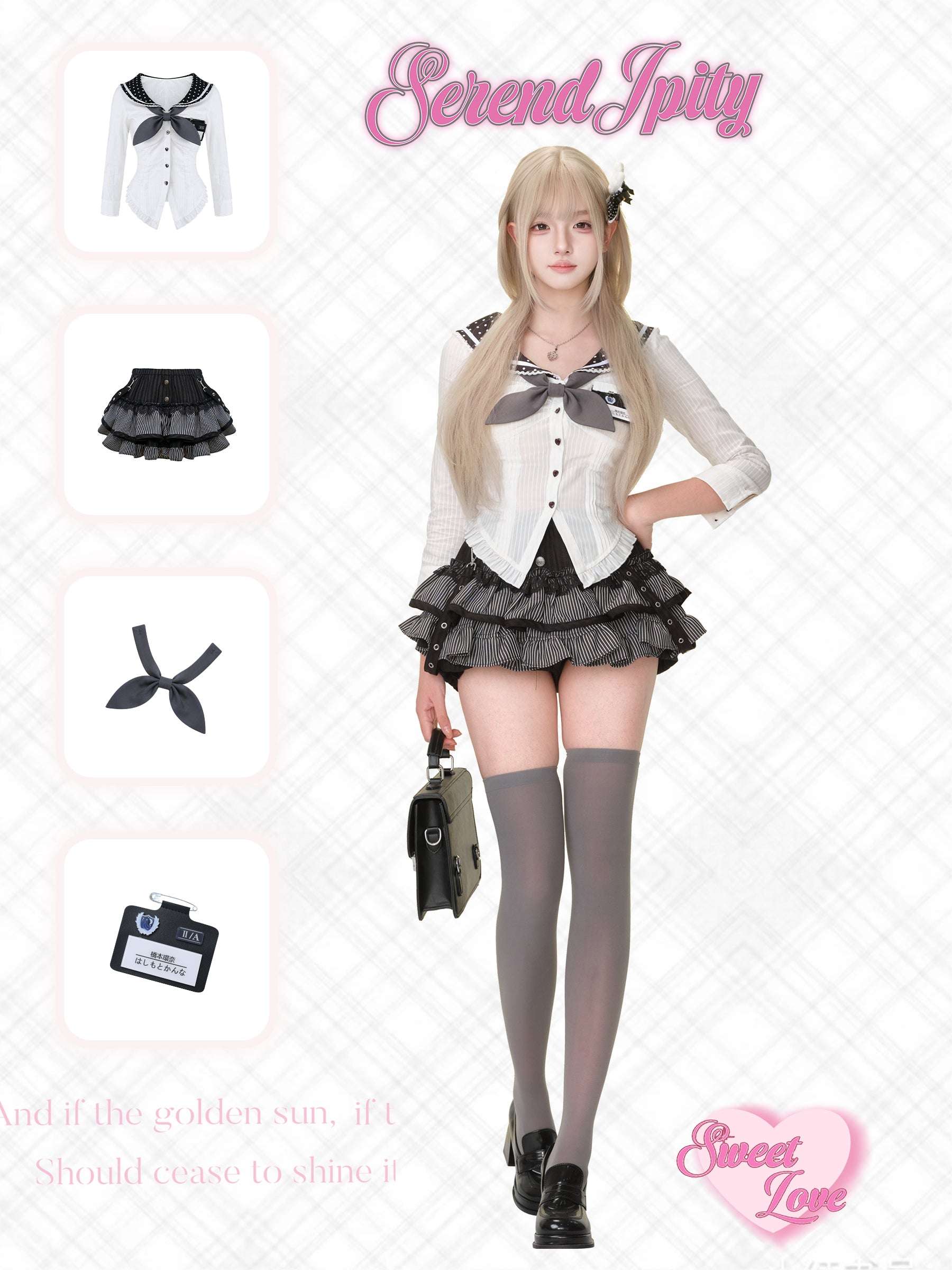 Cosplay outfit with black and white dress, skirt, and accessories on a white background