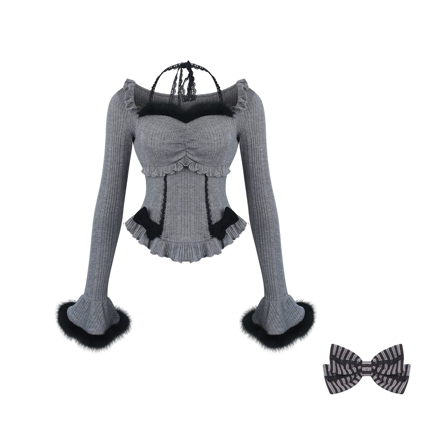 Gray knit outfit with black accents and a bow on a white background