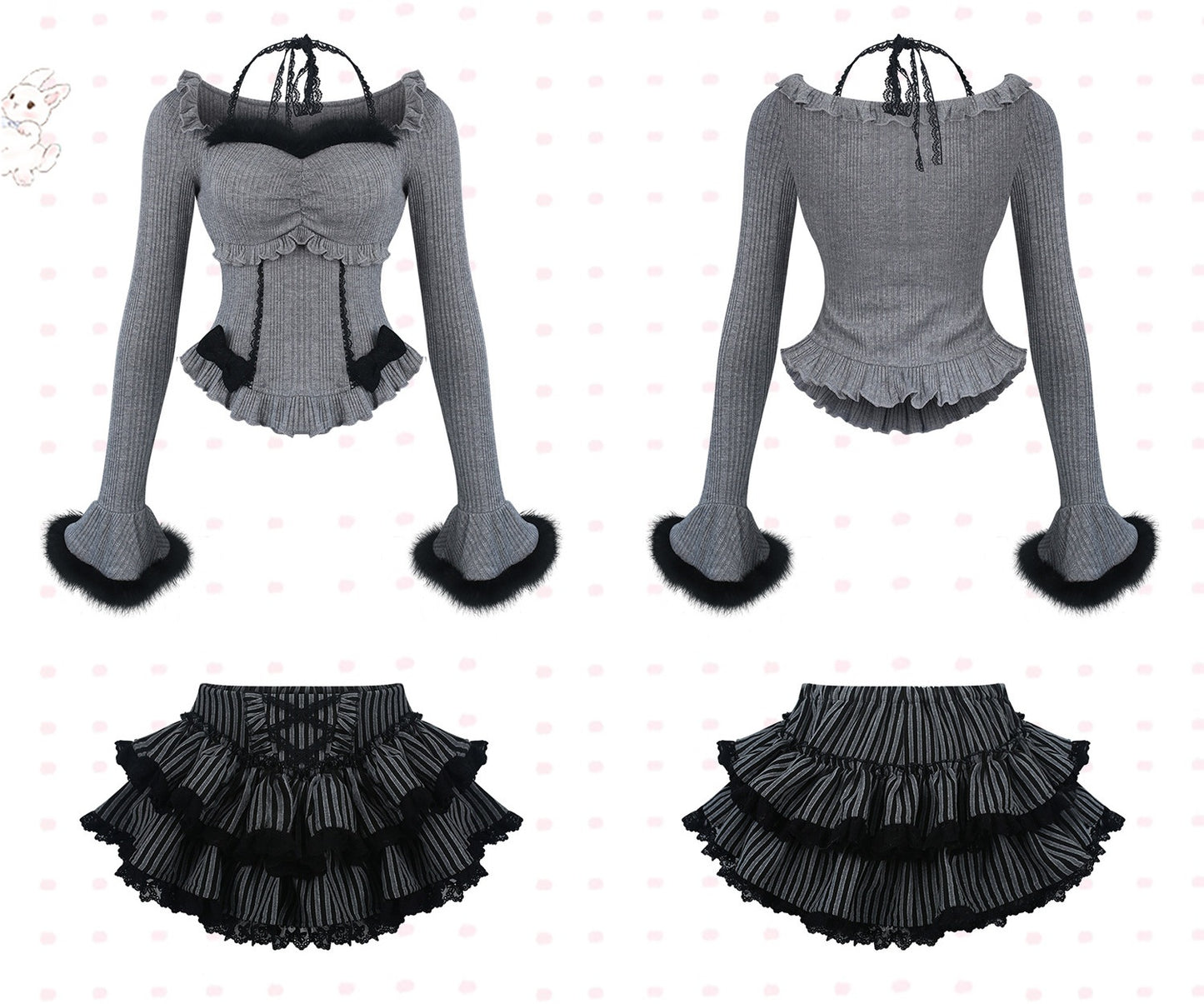 Gray long-sleeve top with ruffled details and black ruffled skirt on a white background.