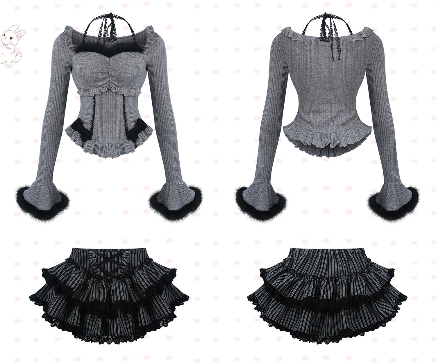 Gray long-sleeve top with ruffled details and black ruffled skirt on a white background.